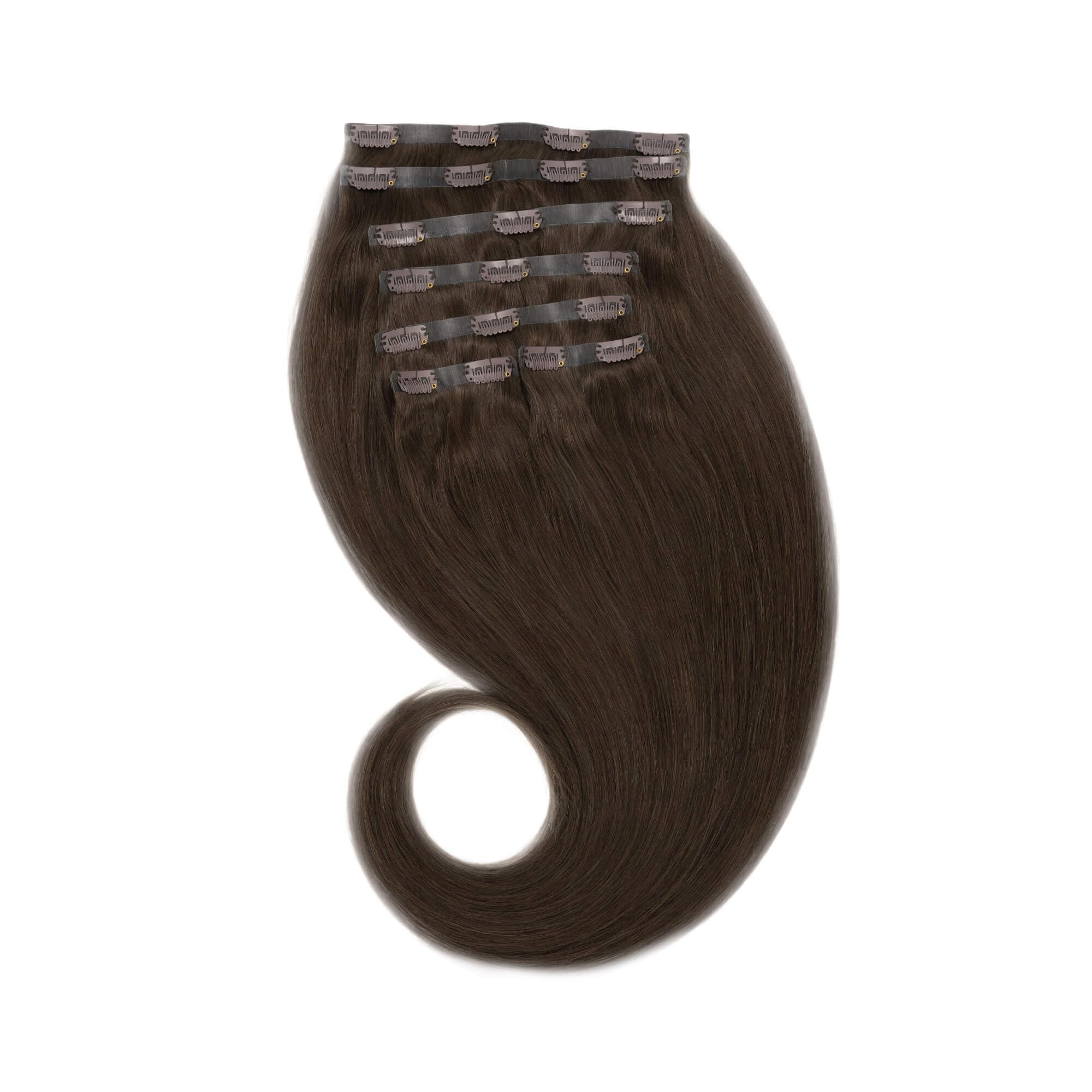 GLOBAL EXTEND® Clip-in-Extensions nahtlos I 100% Echthaar I Angenehmes Tragen | Einfaches Befestigen I Dichte und Volumen I Große Farbauswahl I Komplettes Set (40 cm, dunkelbraun)