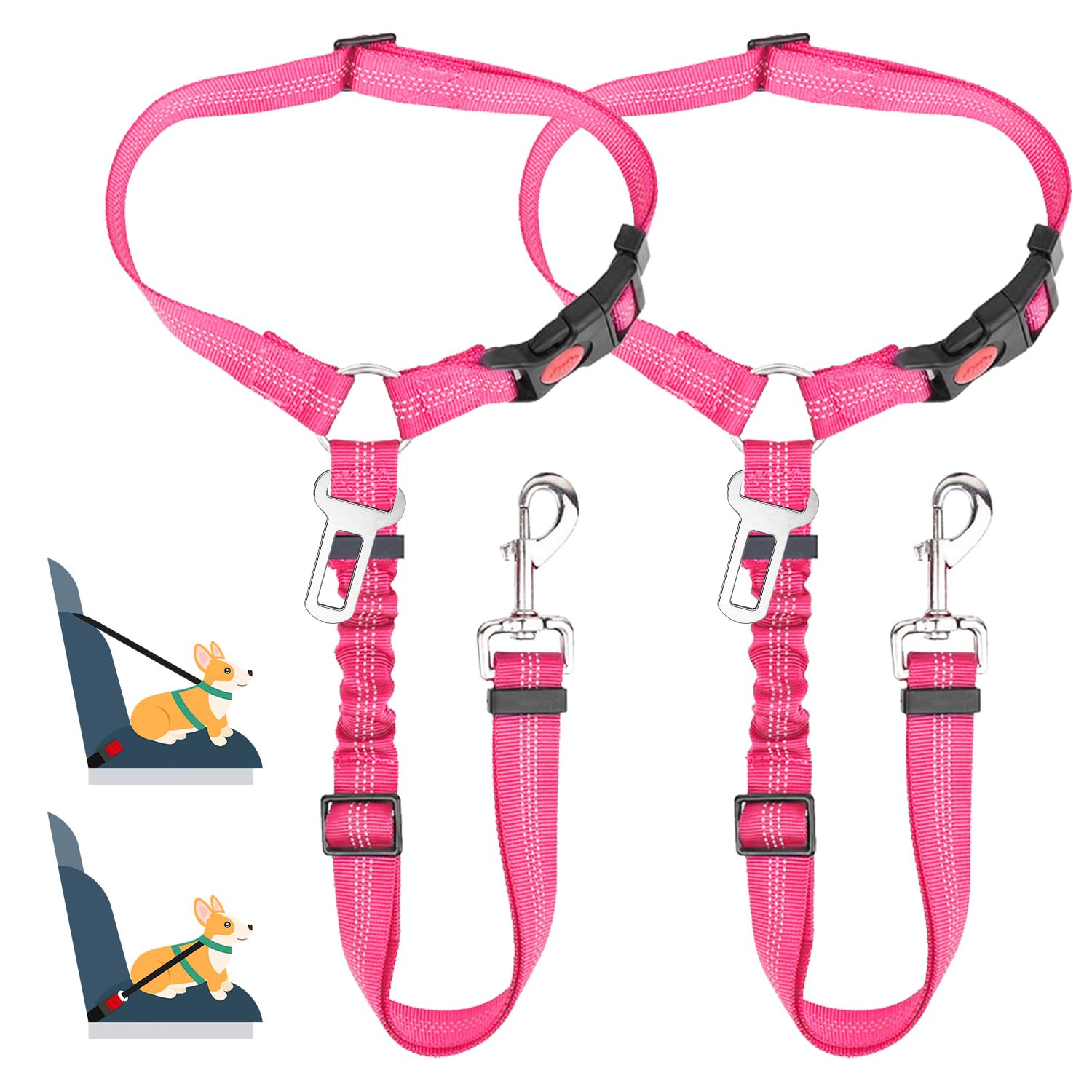 SlowTon 2 in 1 Dog Seatbelts for Cars UK, 2 Pack Pet Car Seat belt Headrest Restraint with Seatbelt Clip Puppy Safety Adjustable Dog Car Harness Belt with Anti-Shock Elastic Bungee Buffer for Vehicles