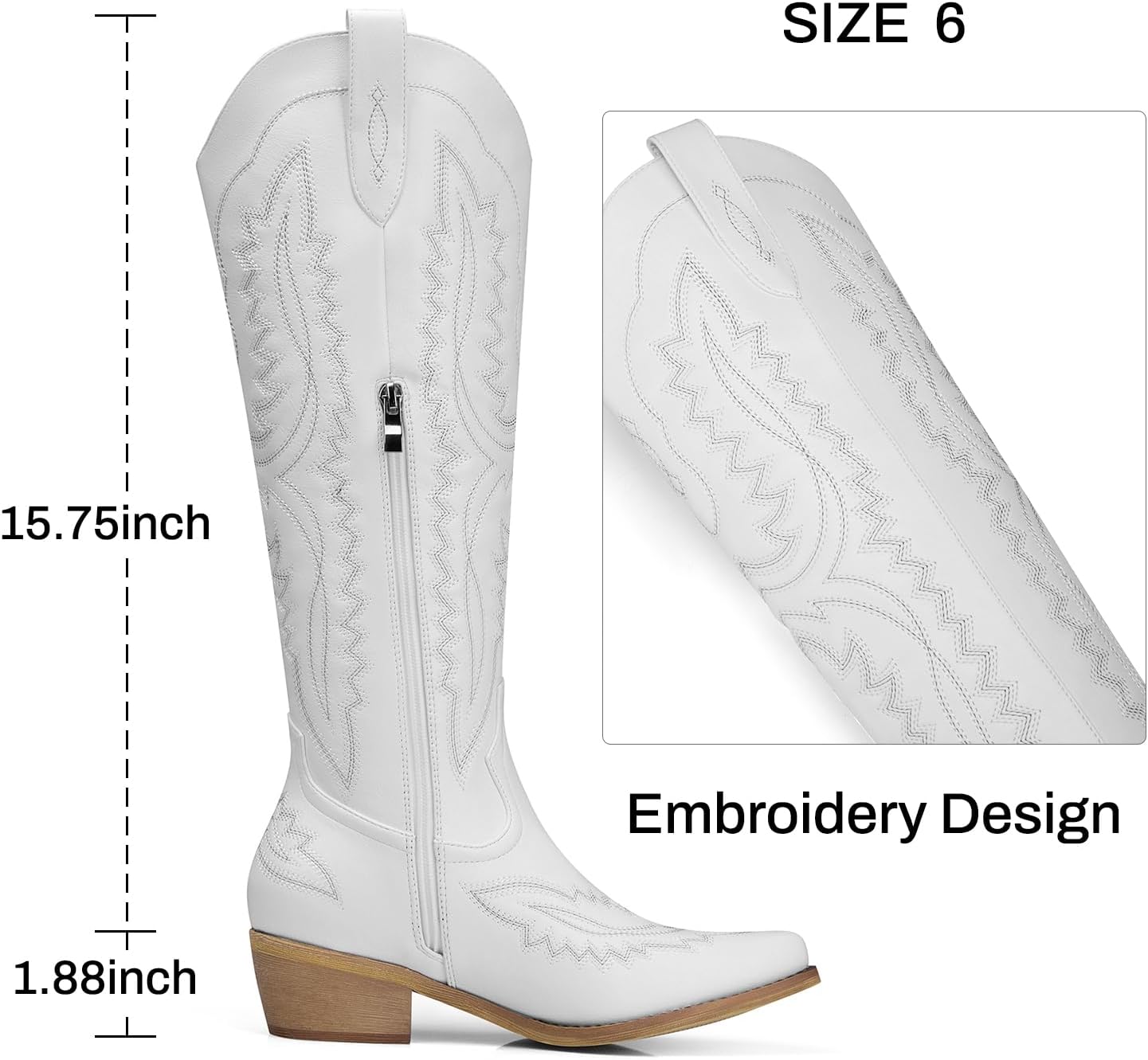 TEMOFON Womens Cowboy Boots Retro: Knee High Pointed Toe Cowgirl Boots - Low Heel Pull On Zipper Wide Calf Vintage Fashion Tall Boots