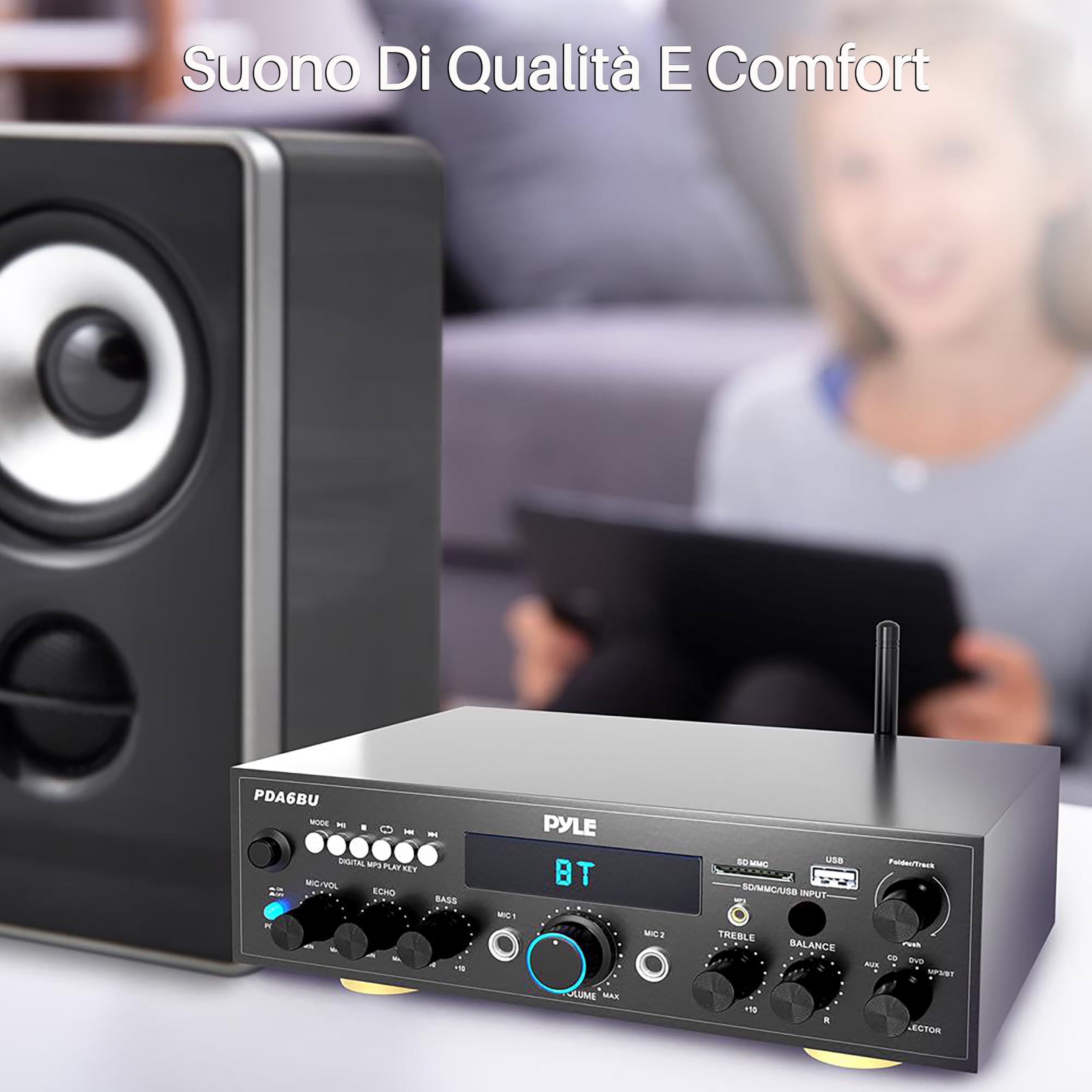 Pyle Sistema Amplificatore Audio Bluetooth, 200 Watt Potenza di Picco, Dual Channel, Audio Stereo, USB, SD, AUX, Ingresso MIC con Effetto Eco, Radio, Display LCD, Ingressi RCA