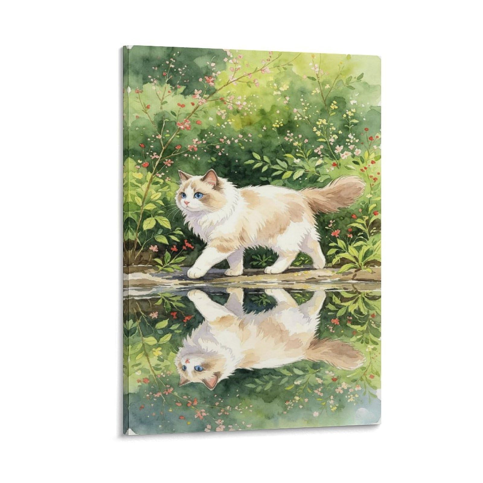 IEJKLUVWX Leafy Reflected Ragdoll Wall Decor Fluffy Feline Portrait Waterproof Canvas Moisture Resistant Vibrant Colours for Sofa Background Office Office Worker Unique 20x30inch(50x75cm)
