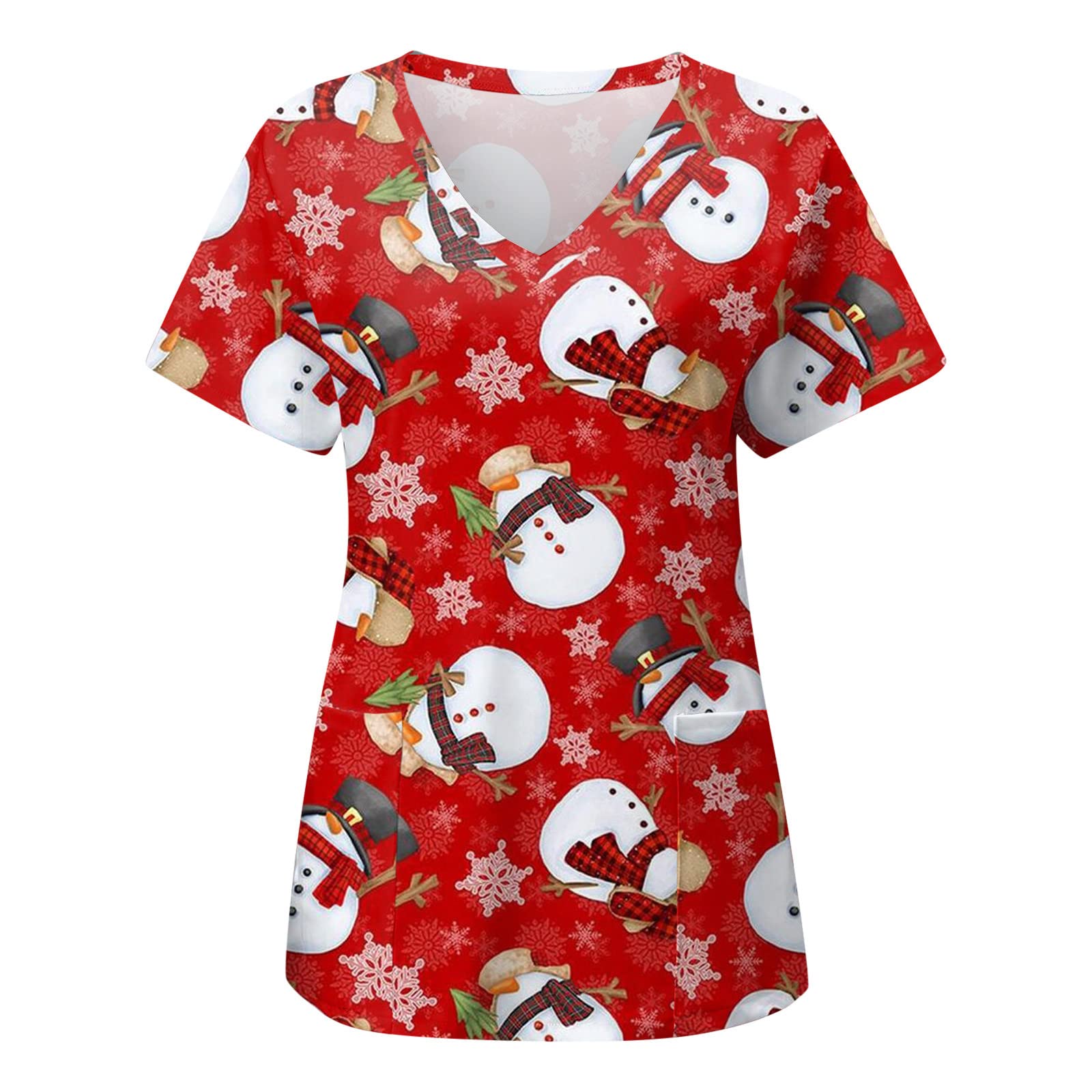 Christmas Scrubs Uniforms Women Nurses Uniform Healthcare Tunic Tops Hospital Working Uniforms Short Sleeve V-Neck Tops Ladies Doctors Nurse Working Workwear Elk Xmas Costume Top with Pockets