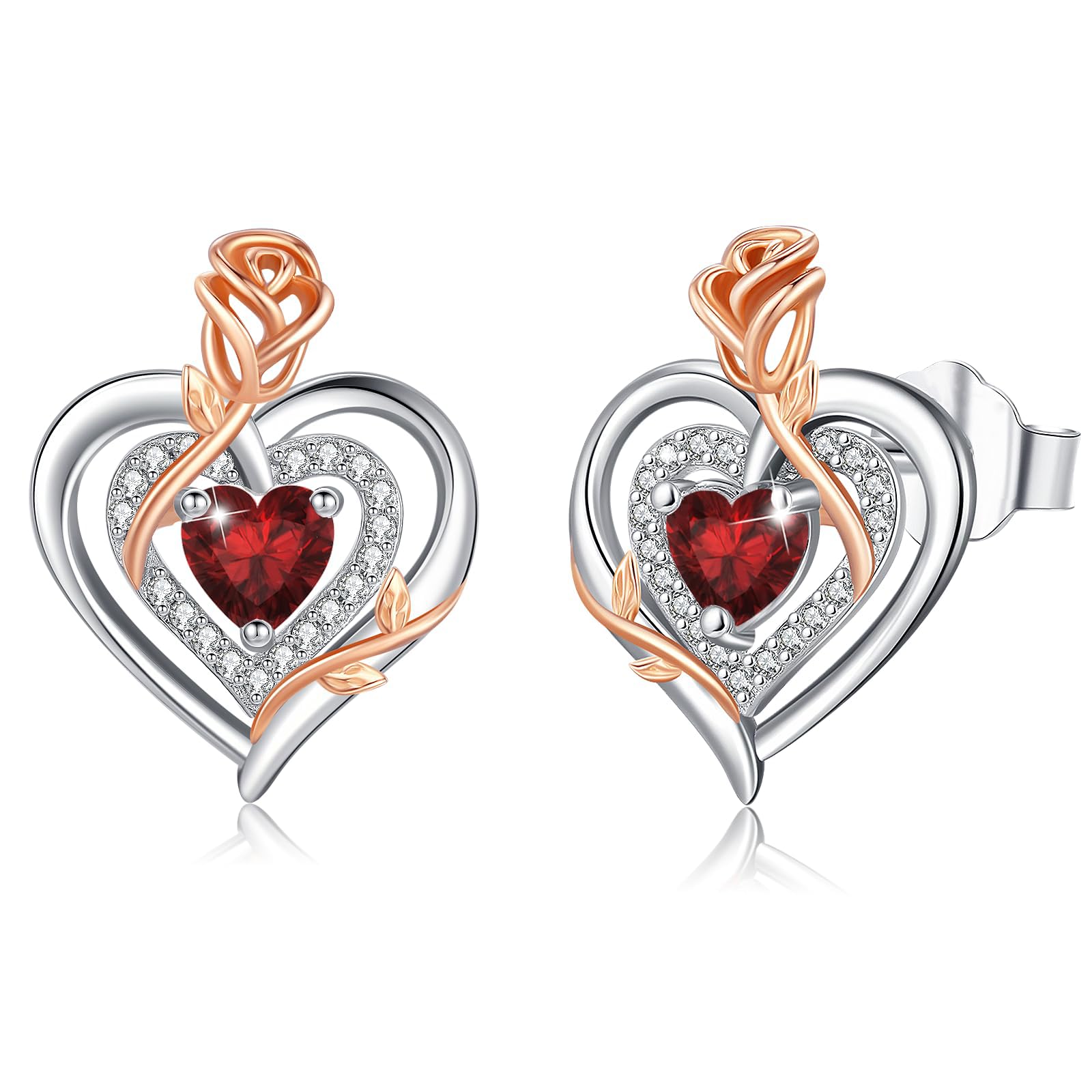 LAVUMO Ohrringe Silber Stecker Damen Rose Herz Geburtsstein Schmuck