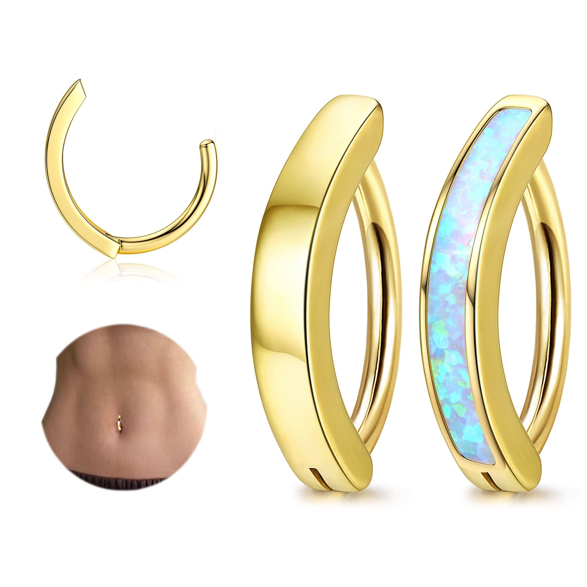 BESTEEL2Pcs 14G Clicker Belly Button Ring for Women Surgical Steel CZ Opal Belly Ring Simple Reverse Navel Rings Body Jewelry
