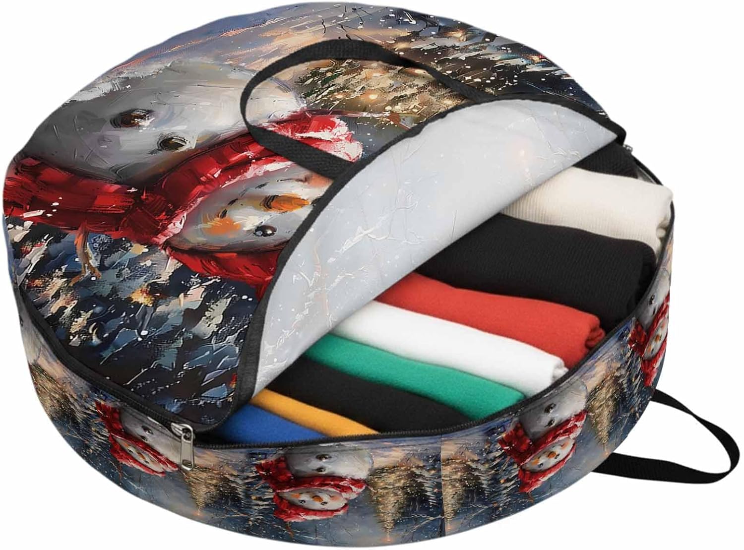 Christmas Cute Round Storage Bag 36 Inch, Red Scarf Snowman Clothes Storage Container with Handles Heavy Duty Organizer for Comforter, Bedding & Holiday Wreaths
