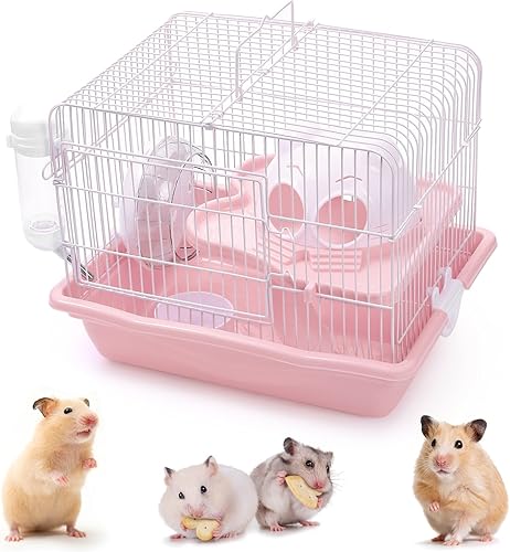 Jaula de hámster, jaula de 2 capas, con ruedas de ejercicio para correr, botella de agua y juguetes de hámster, 10.4 x 14 x 10.8 pulgadas, apto para