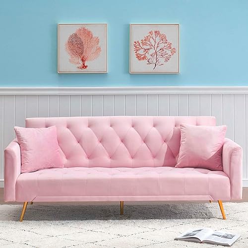 Majnesvon Sofá cama tipo futón rosa de 71 pulgadas tela de terciopelo de espuma viscoelástica, 2 almohadas de pies de metal dorado, respaldo