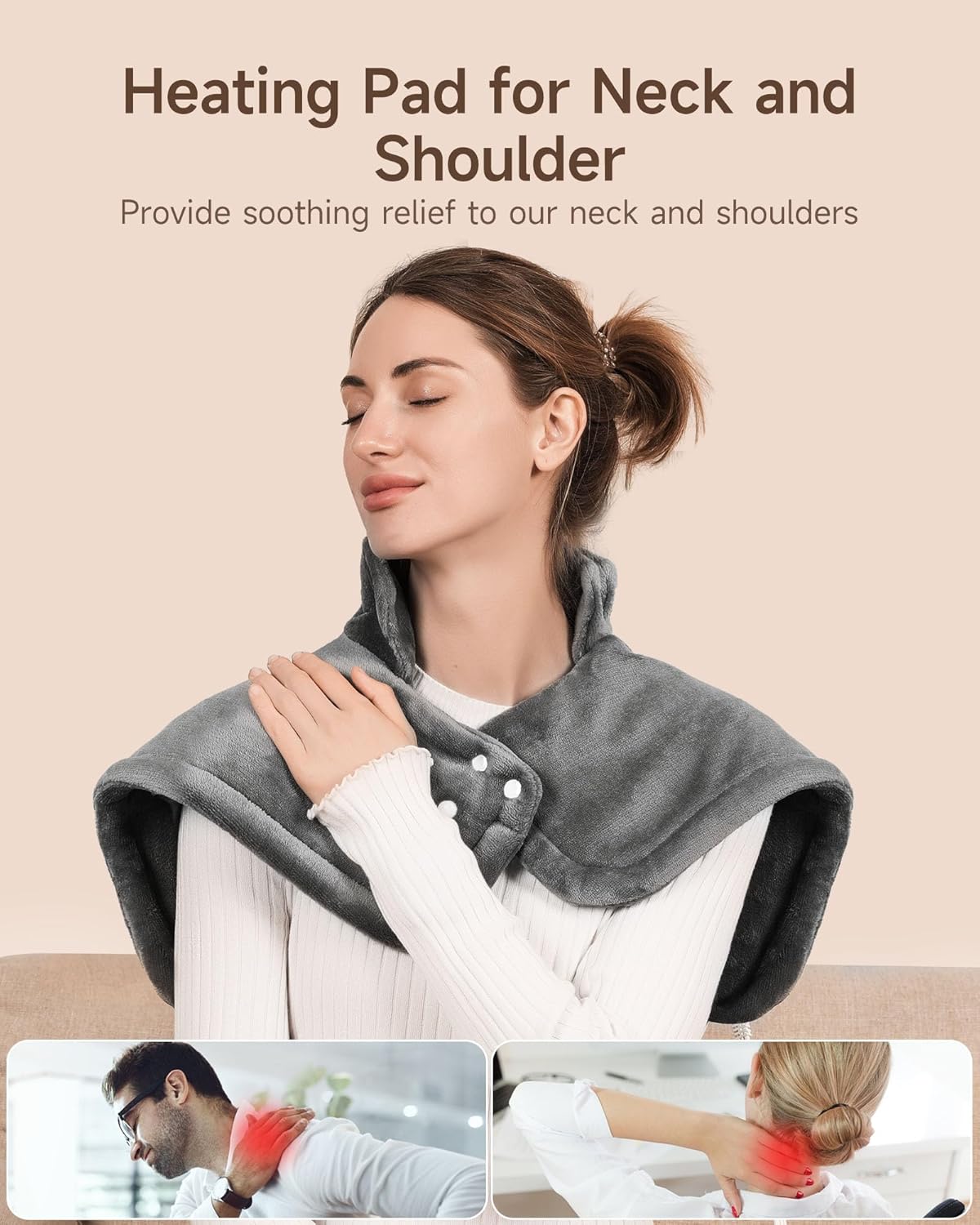 Heating Pad for Neck and Shoulders, ALLJOY Electric Shoulder Heating Pads for Pain Relief, Skin-Friendly Heated Neck Wrap 3 Heat Setting with Auto Shut Off for Home and Office 25"*18" Gray