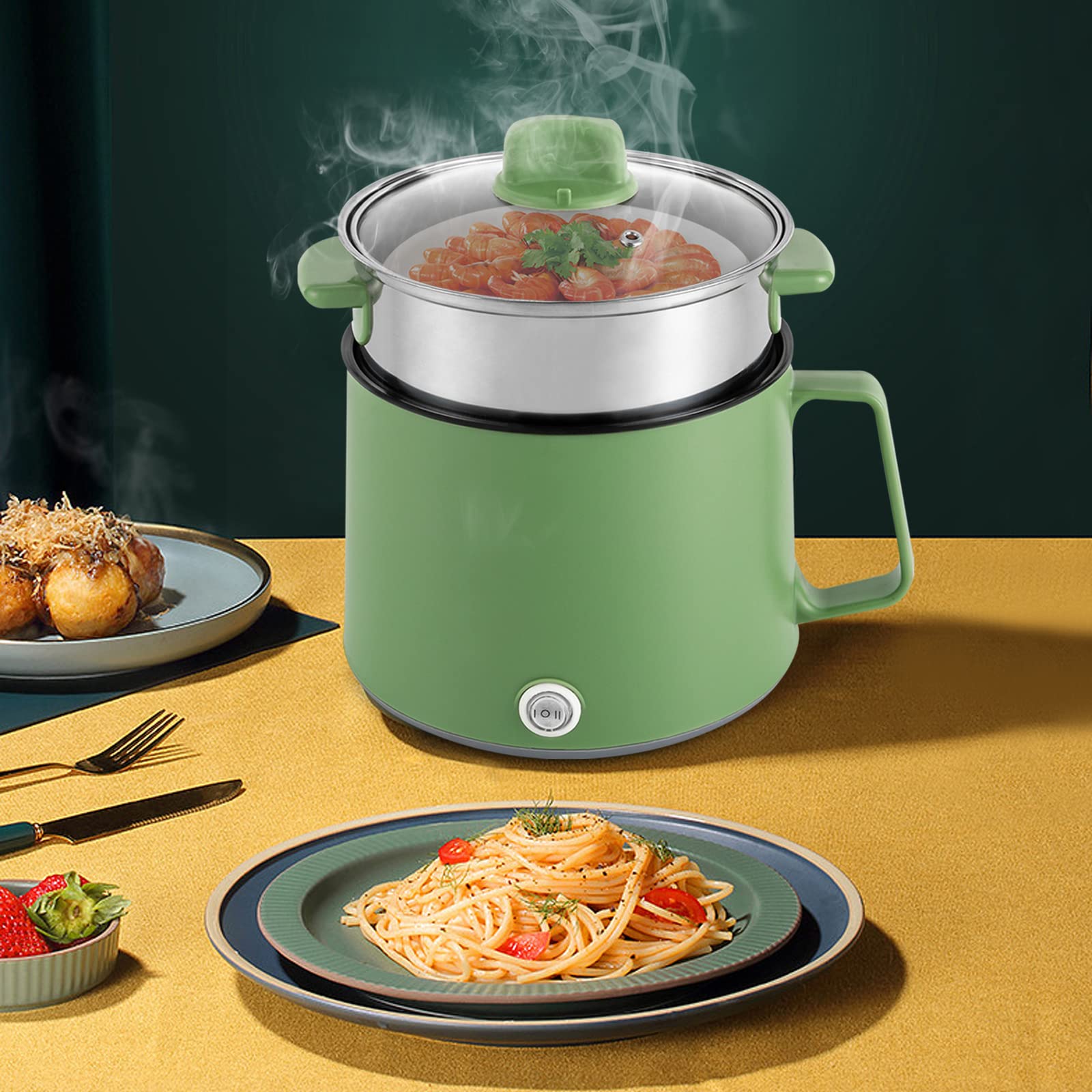 Mini casserole électrique 1,7 l, 600 W, mijoteuse et cuiseur à pâtes avec cuiseur vapeur, revêtement anti-adhésif, deux niveaux de puissance 300 W/600 W pour ramen et fondue