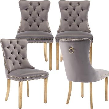 Mid Century Modern Dining Chairs Set of 4, Grey Velvet Upholstered Kitchen Chairs, Kitchen & Dining Room Chairs, Gold Metal Legs, Sillas De Comedor Gray, 4 Pcs
