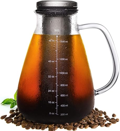 YMMIND Cold Brew Iced Coffee Maker 51oz, Brewed Coffee Pot with Removable Double Mesh 304 Stainless Steel Filter, BPA-Free Cold Brew Pitcher Glass