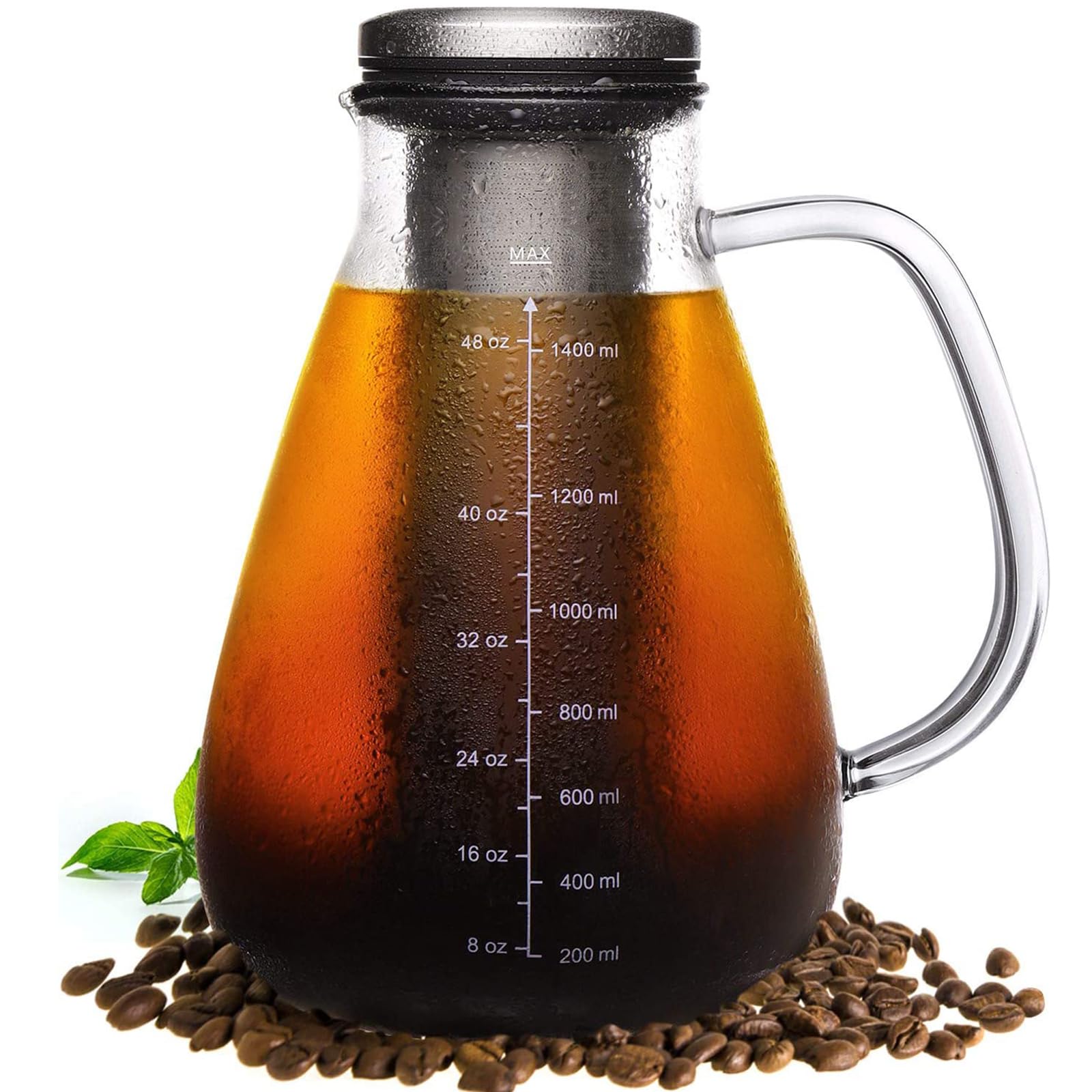 Cold Brew Iced Coffee Maker 51oz, Brewed Coffee Pot with Removable Double Mesh 304 Stainless Steel Filter, BPA-Free Cold Brew Pitcher Glass Container, Tea Maker