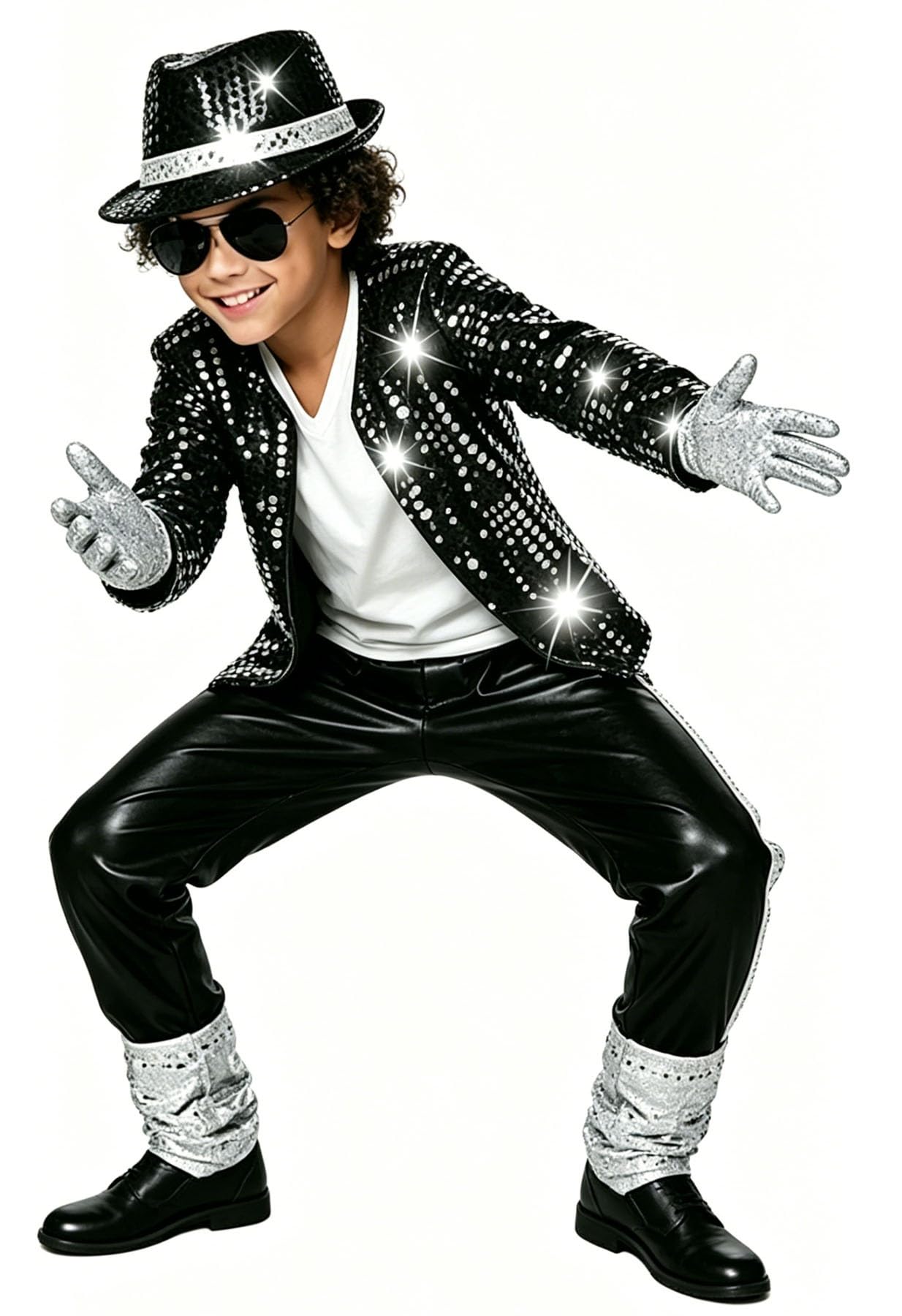 Generico 7 Pcs per Costume Halloween Pop Star - Giacca Nera con Paillettes, Pantaloni, Cappello, Guanti Travestimento Retrò Anni '80/'90 per Spettacoli Scena per Feste Halloween