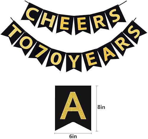Miniatura 3 de Trgowaul Kit de decoración para fiesta de cumpleaños número 70 pancarta dorada con purpurina de "Cheers to 70 Years", pompones, 6 espirales