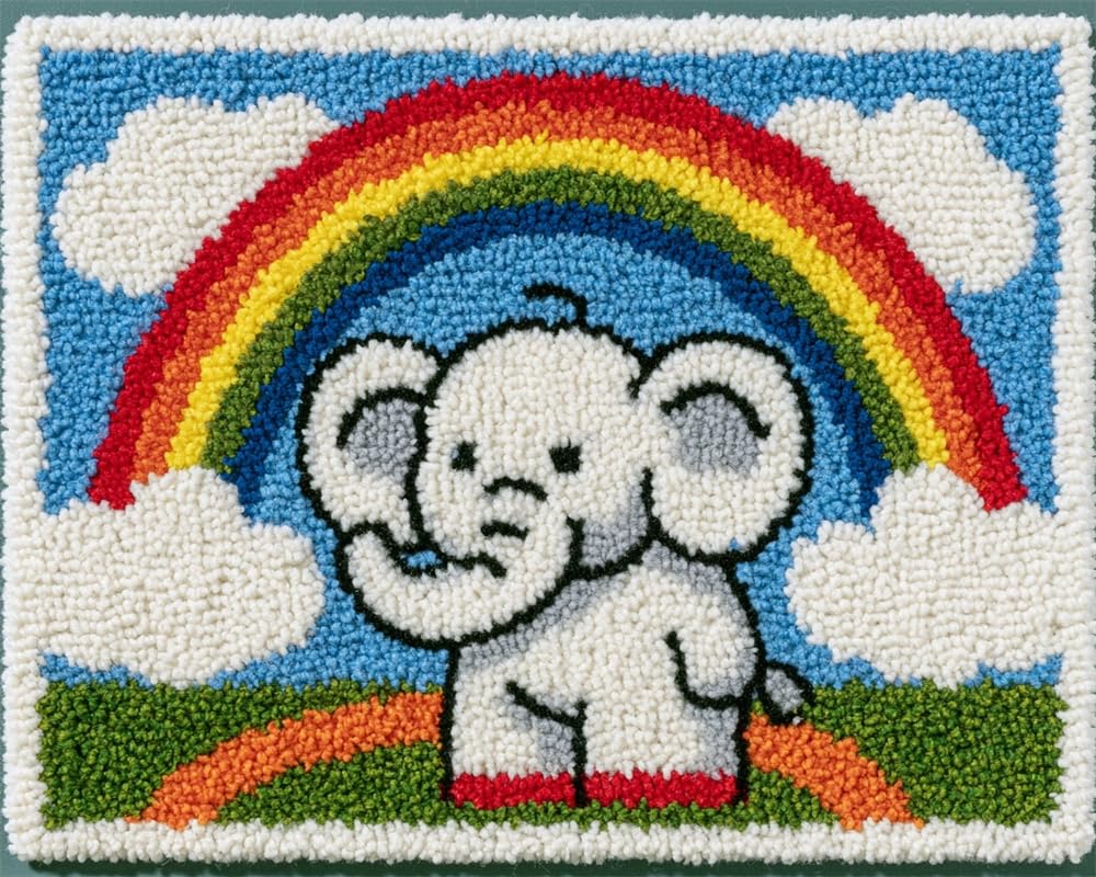 FWRTYCB DIY Latch Hook Rug Kit Little Elephant Under a Rainbow
