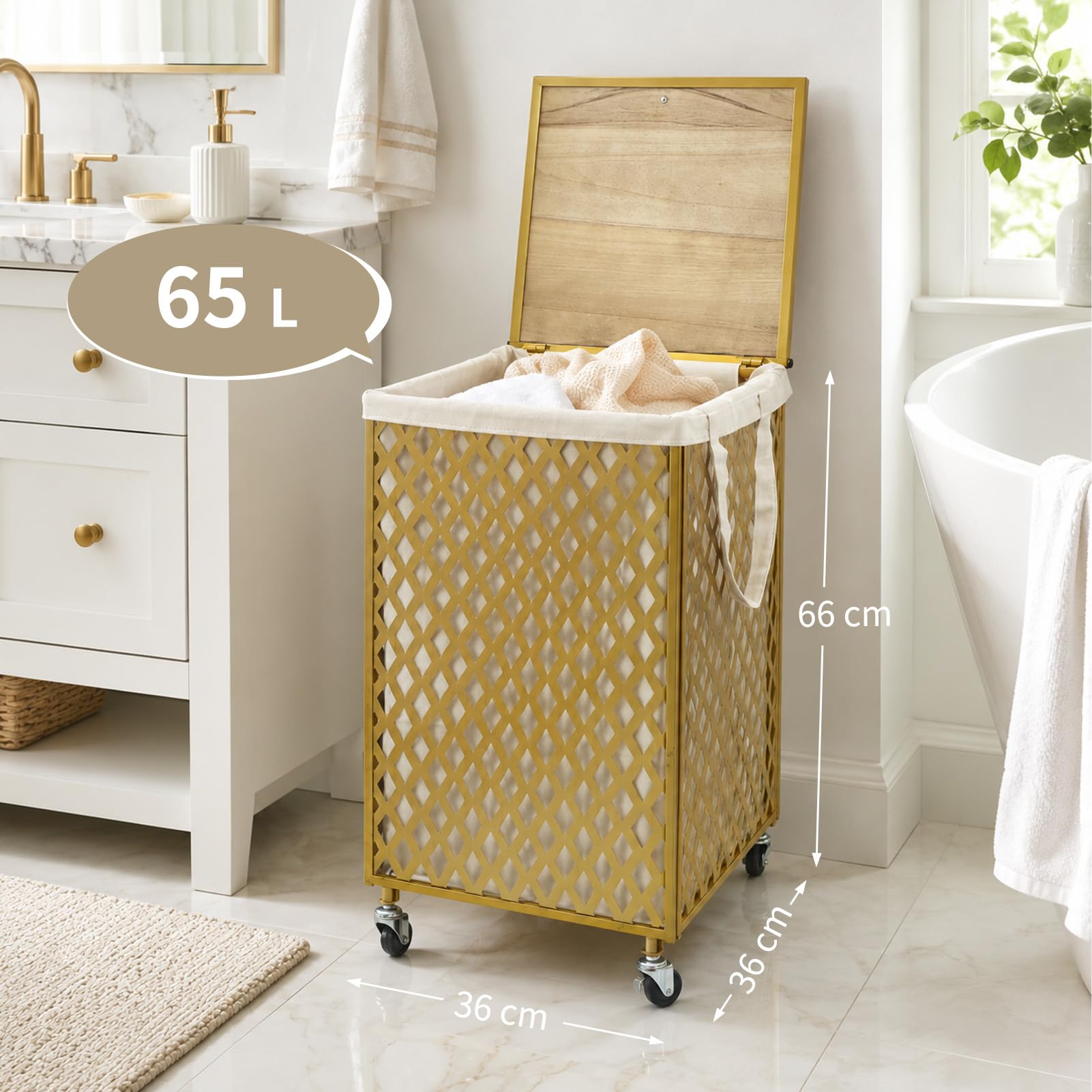G-LEAF Wäschekorb mit Rollen, Metall Wäschesammler mit Holzdeckel & Wäschesack, für Badezimmer, Gold, 65 L (Rauten-Muster)