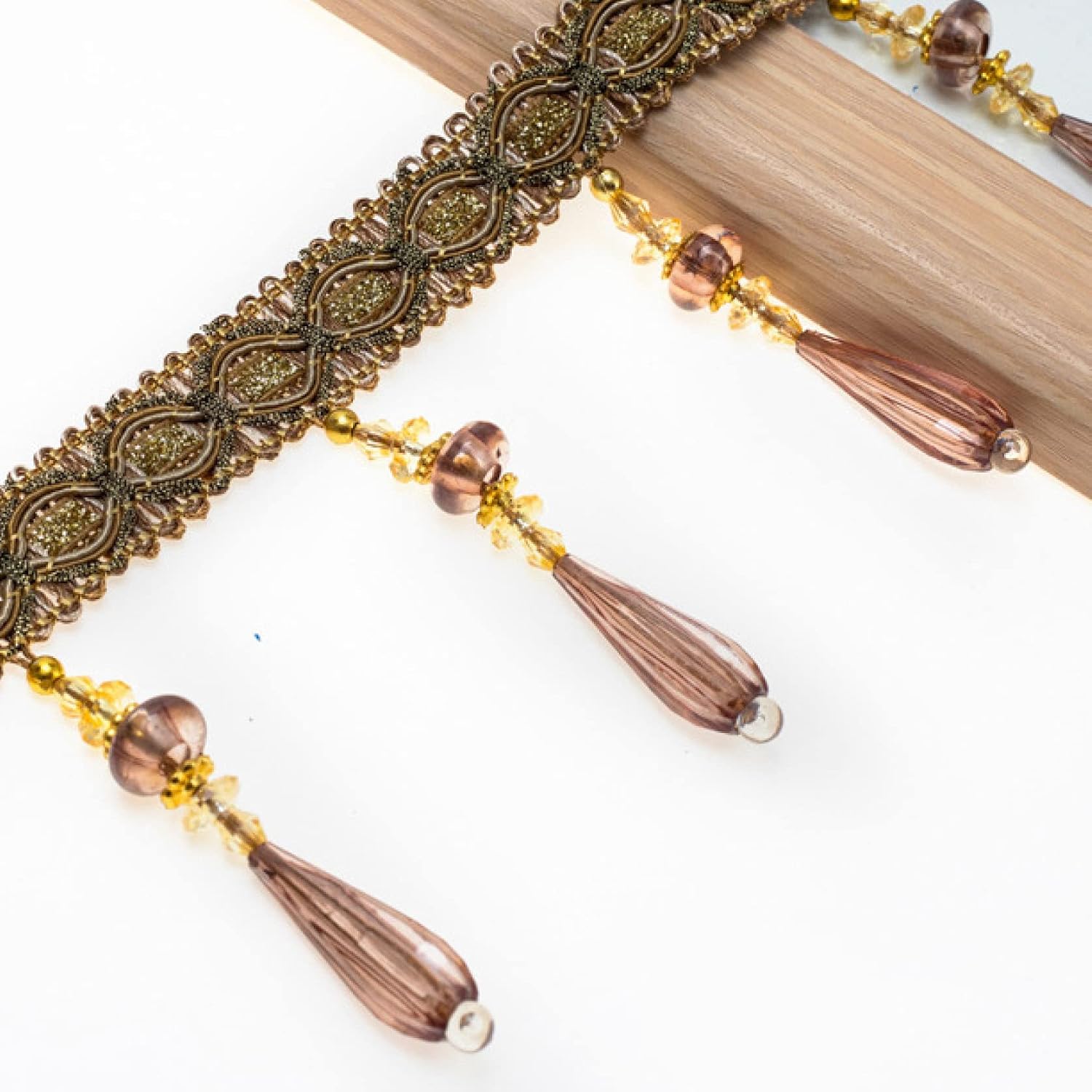 Curtain Tassels，Tassels for Sewing， 12 Yards Braided Hanging Beads Trim Fringe Curtain Tassel Sewing Accessories Crystal Pendants Home Table Sofa Decor(Dark Brown)