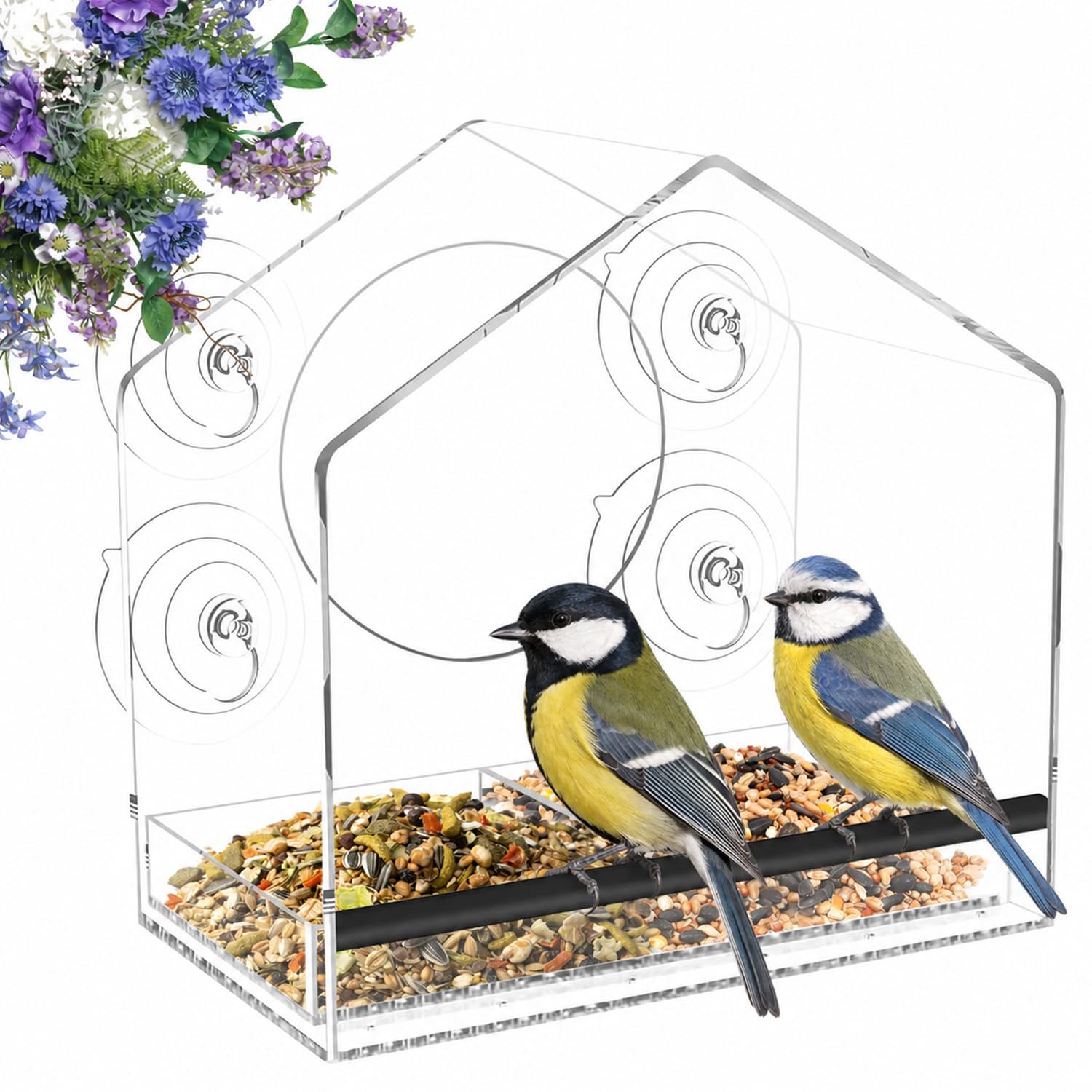 Jarkyfine Fenster Futterhaus für Vögel, Vogelhaus Fensterscheibe mit Saugnäpfen, Groß Vogelfutterhaus Fenster, Futterspender für Wildvögel mit Abnehmbarem Tablett, Window Bird Feeder