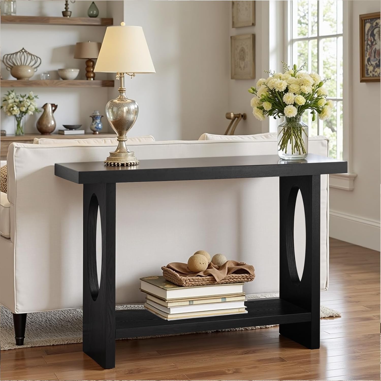 BECHAEO Modern Console Tables for Entryway, 47‘’ Narrow Console Table with Thickened Tabletop & Stable Base, 2-Tier Rectangular Sofa Table Behind Couch, for Living Room, Hallway