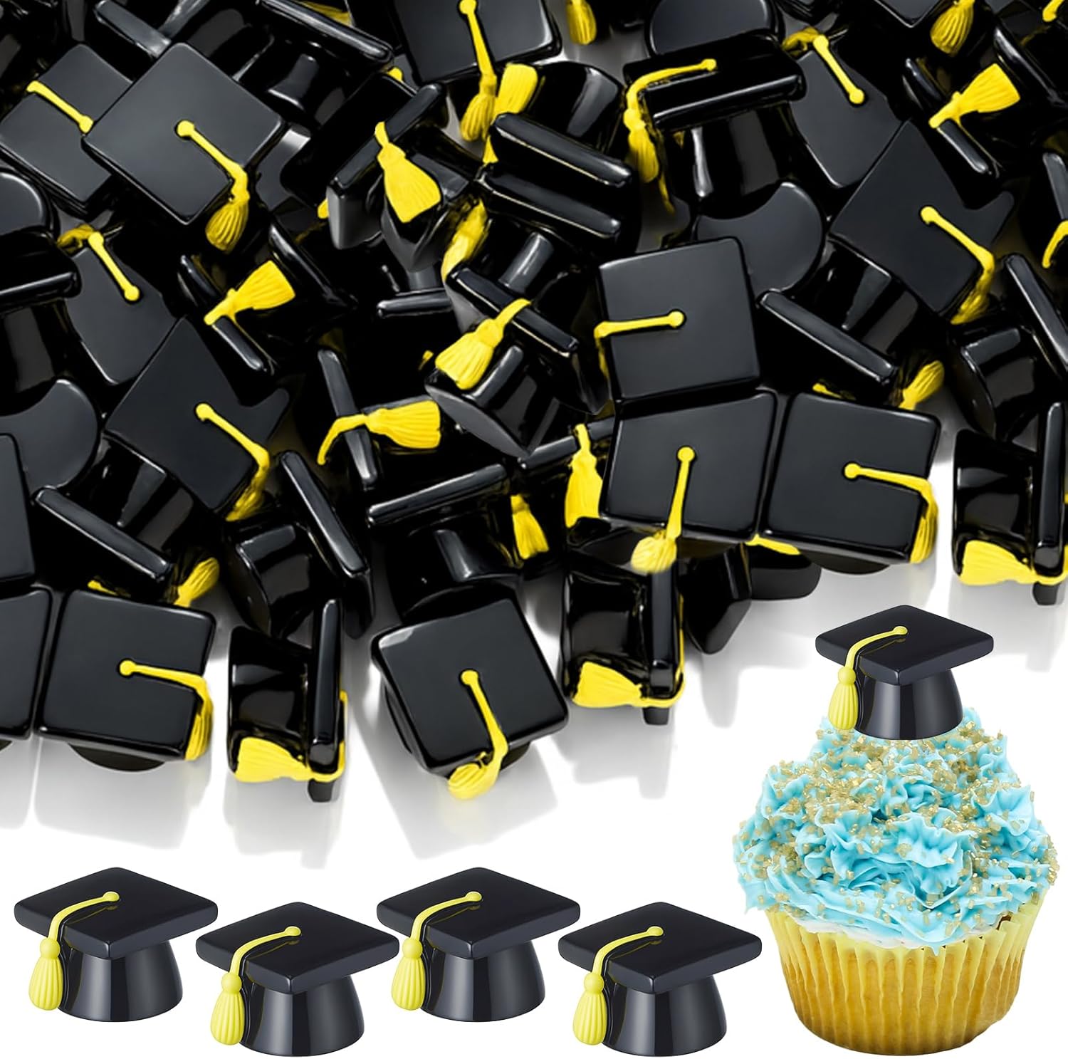 AceOrbit 50 Pcs Mini Grad Hat Figures Bulk Tiny Resin 2026 Grad Hat Figurine Toys with Tassels 0.98 Inch Mini 3D Black Graduation Cap Cake Topper Graduation Party Table Tiered Tray Decor (Gold)