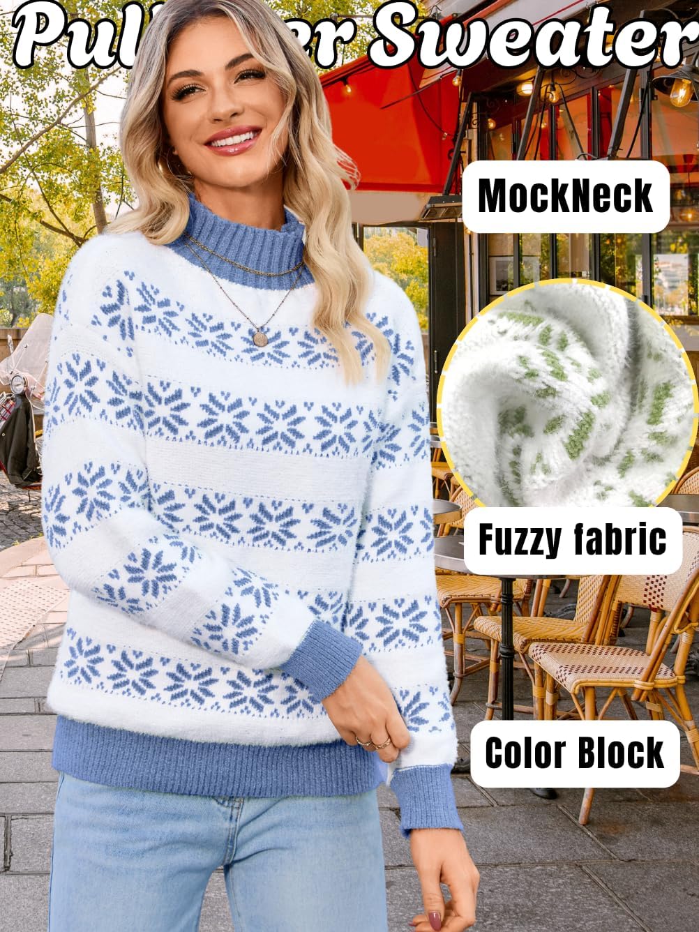 Women's Fuzzy Snowflake Sweater, Mock-Neck Long Sleeve Loose Pullover, Winter Warm Knit Top for Casual & Holiday - Image 3
