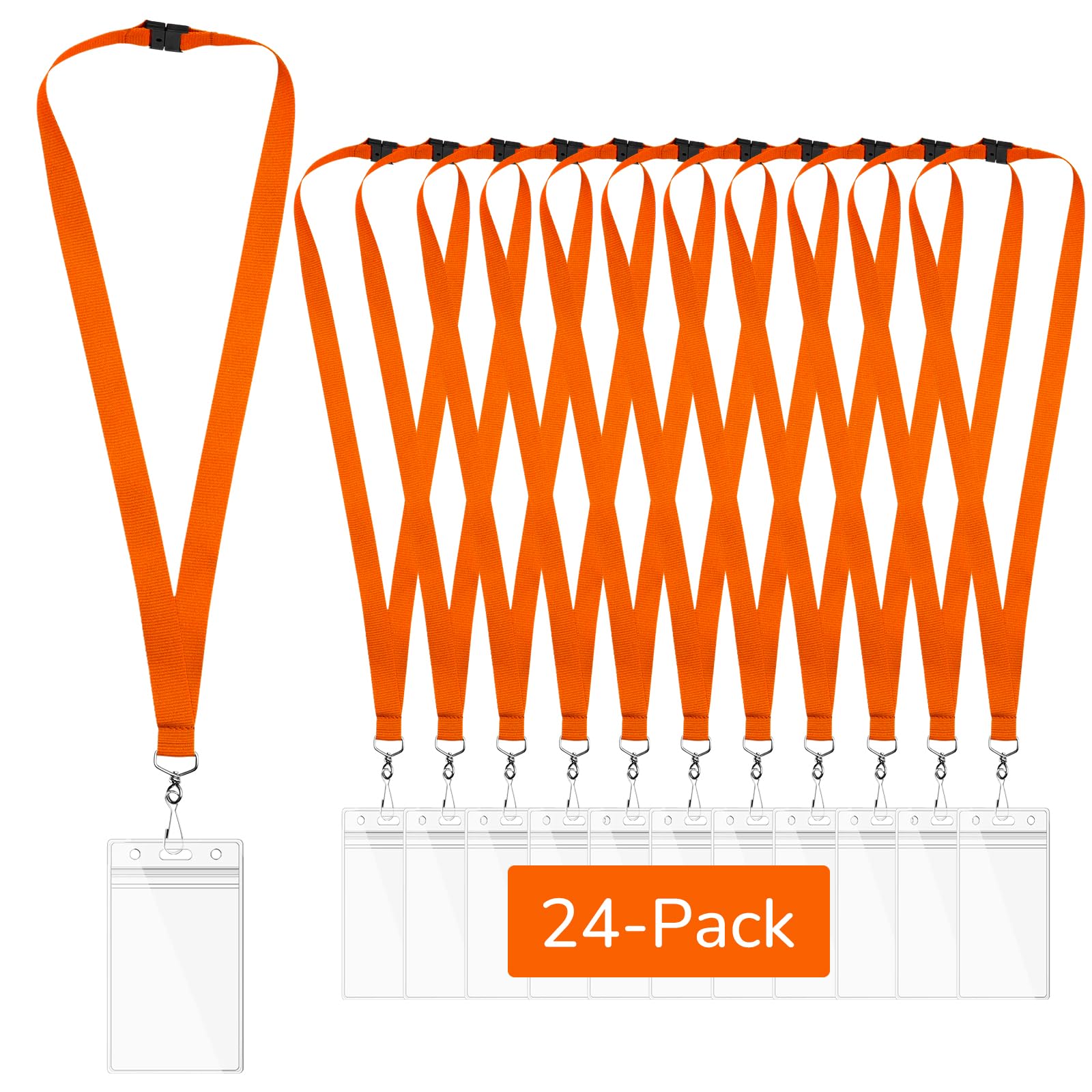 WEZEBEL 24-Pack Orange Breakaway Lanyards with Waterproof Badge Holders, Polyester Neck Straps for ID Cards, Events, Office, and Schools