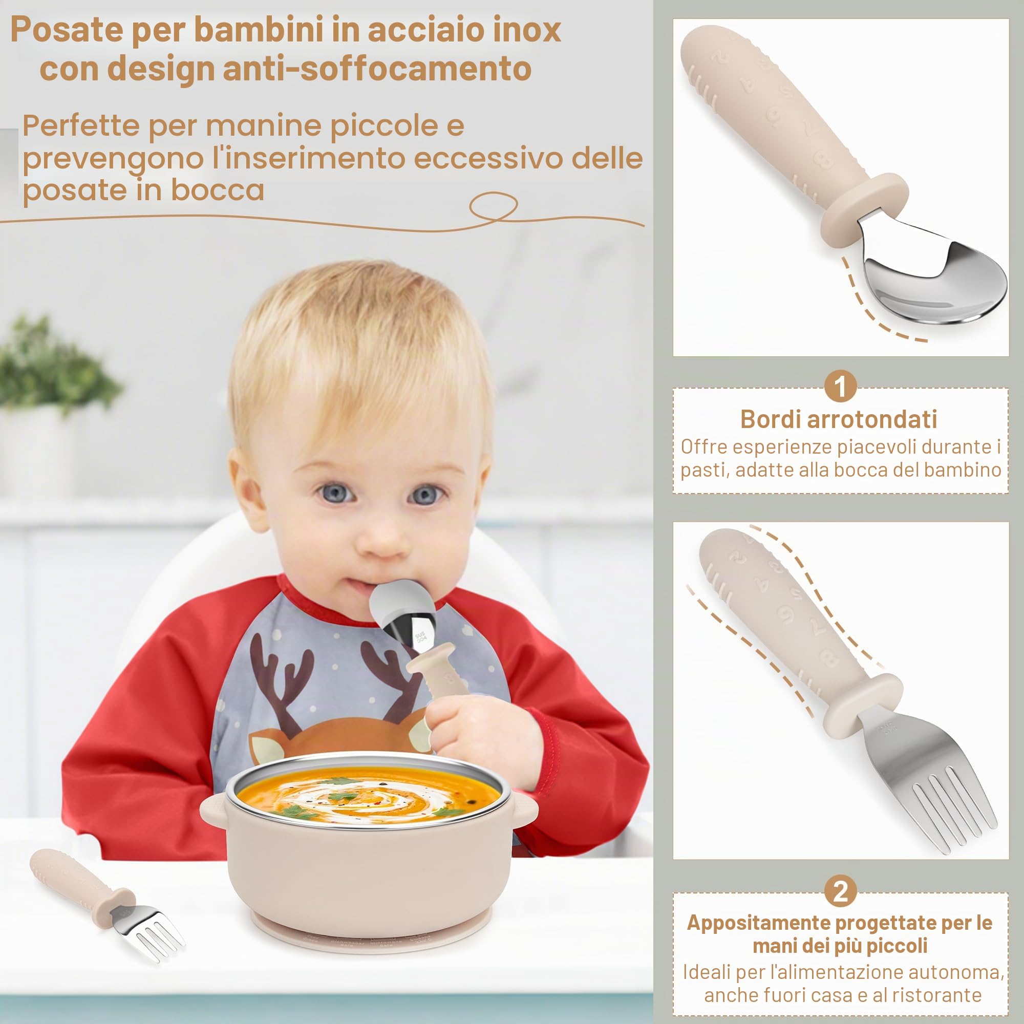 Set di stoviglie per bambini in acciaio inox con ventosa, 6 pezzi in acciaio inox con piatto per bambini, bicchierini per imparare a bere, bavaglini con maniche, cucchiaio per bambini