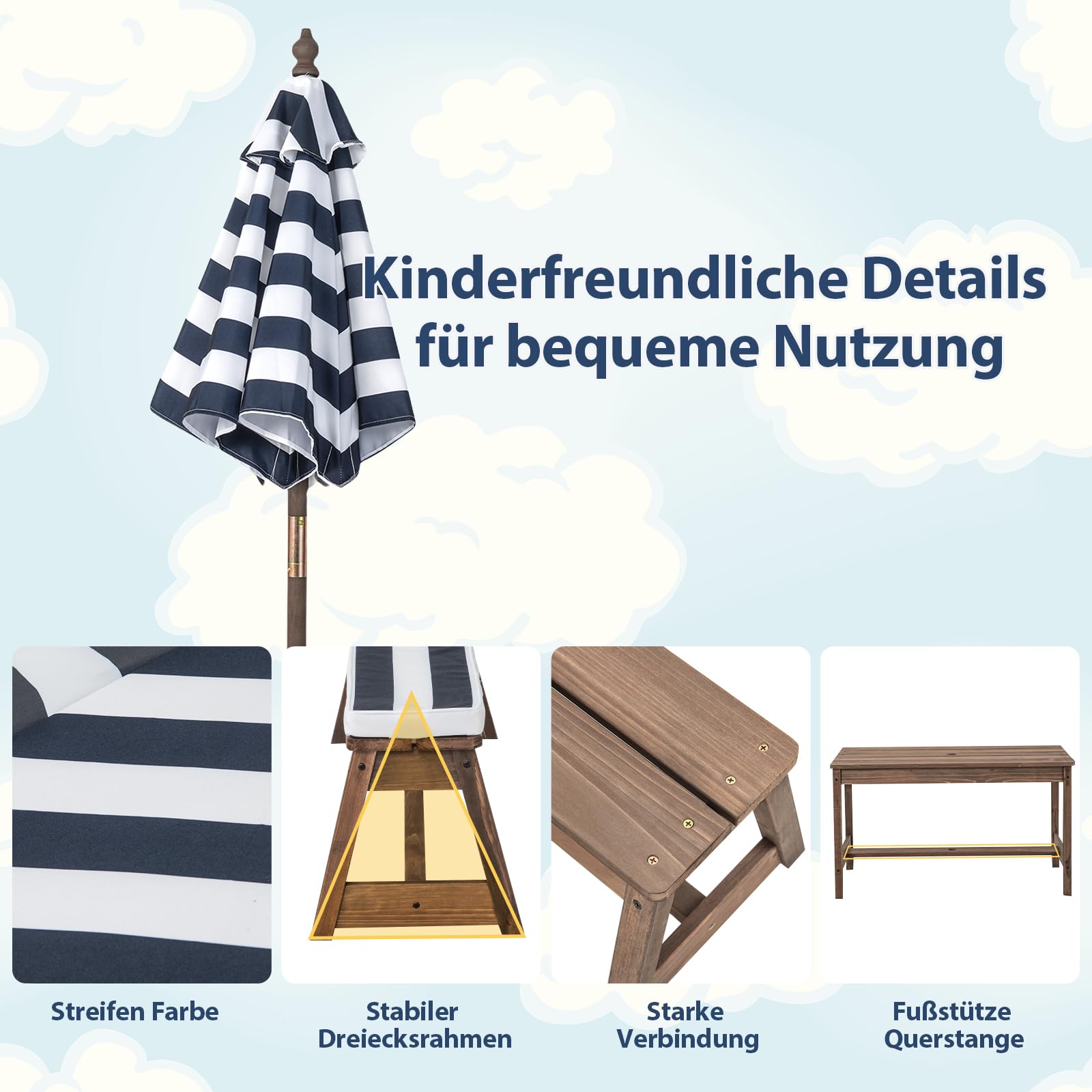 SOARS Kindersitzgruppe, Kinder Picknicktisch mit 2 Bänke & abnehmbarem Sitzkissen, Kindersitzgarnitur mit Sonnenschirm, Sitzgruppe aus Holz, Kinder Gartenmöbel für Outdoor & Indoor (Dunkelblau)