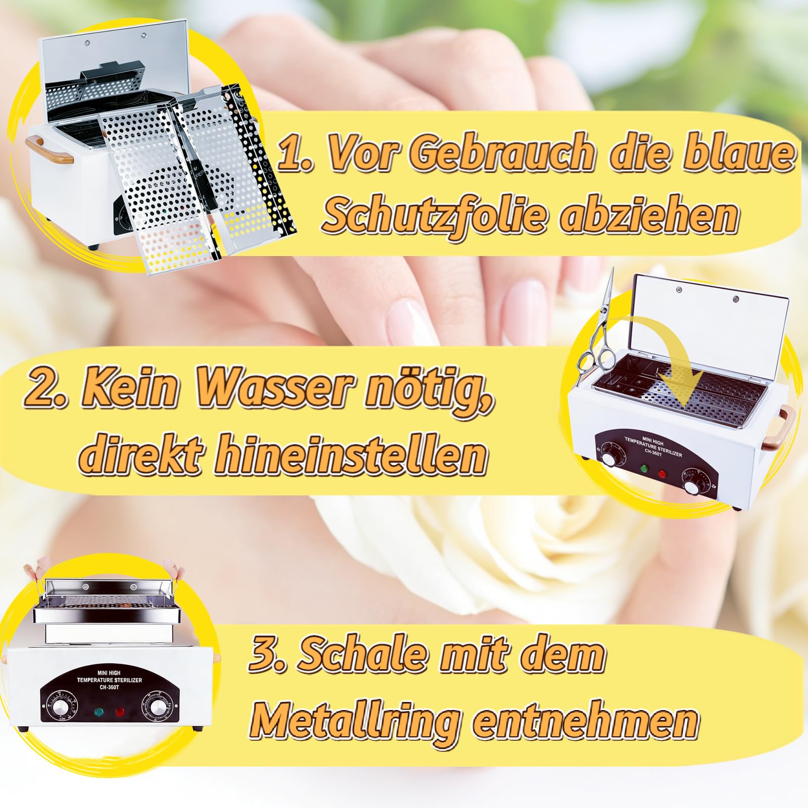 Sterilisator für Instrumente, 300W 220℃, Desinfektion, Trock Hitze | Autoclave Sterilizer mit Trocknerfunktion & Timer für Nagelwerkzeuge, Instrumentendesinfektion für Friseursalon, Zahnarzt