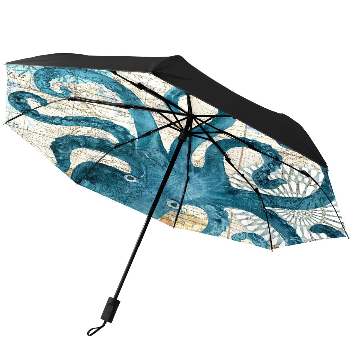 Gispog One Color Automatic Folding Umbrella, Green Octopus Waterproof Compact Sun And Rain Travel Umbrellas