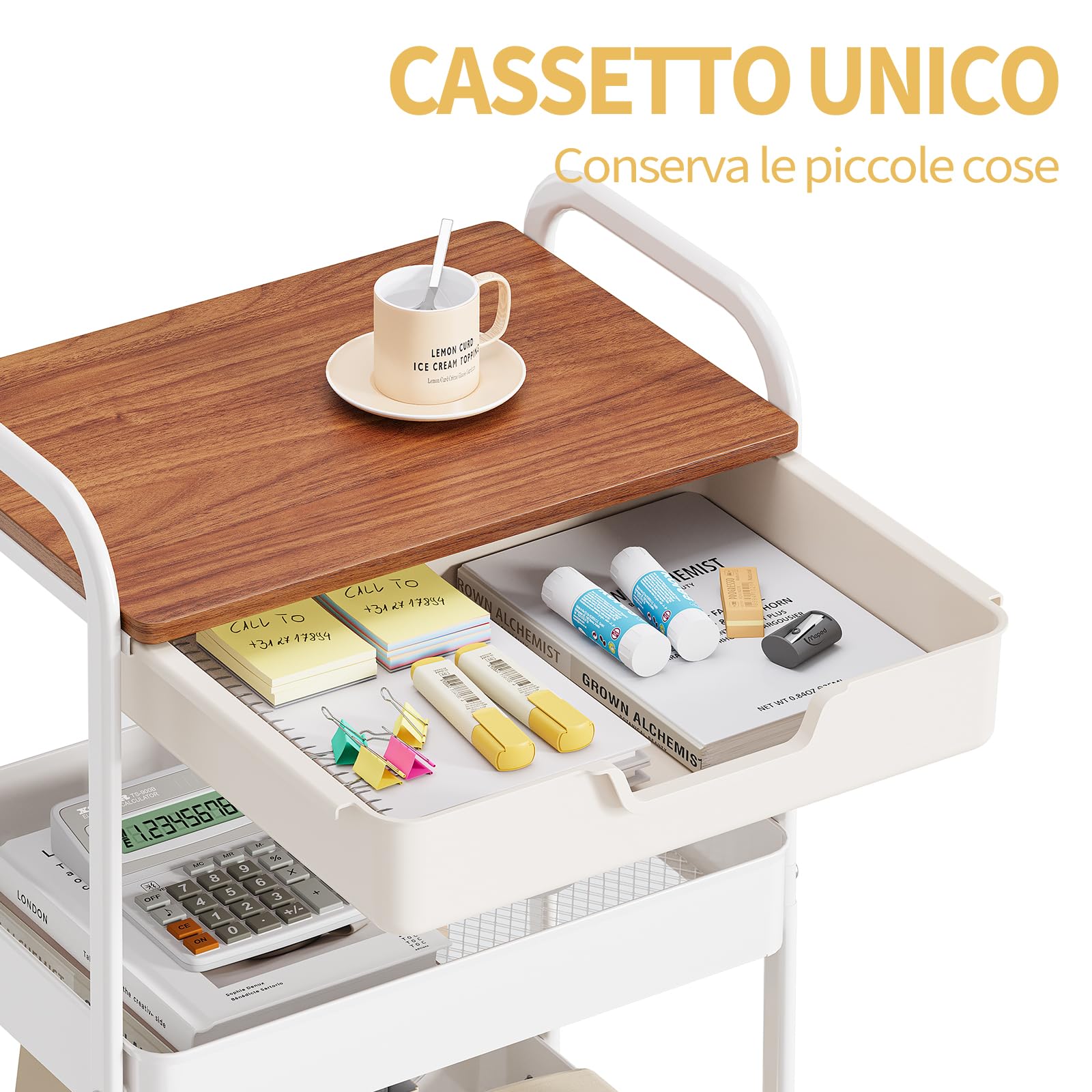 KINGRACK Carrello Cucina, Carrello Estetista a 3 Ripiani, Carrellino Salvaspazio con Cassetti, Carrello Bagno con Ruote, Carrello Portaoggetti con Piano da Legno Tavolo, Bianco (Marrone scuro)