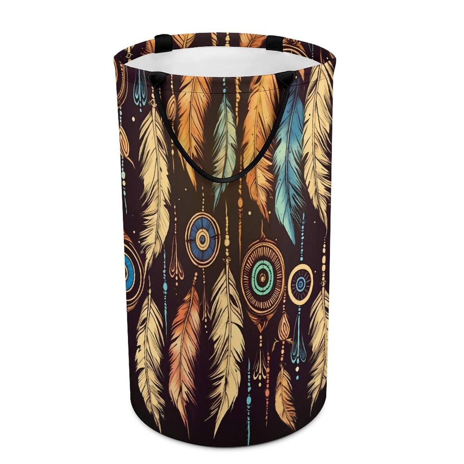 Vintage Ethnic Tribal Feather Laundry Basket Freestanding Laundry Hamper with Handles Waterproof Dirty Clothes Hamper Collapsible Washing Bin Aesthetic Clothes Basket for Bathroom Bedroom Dorm