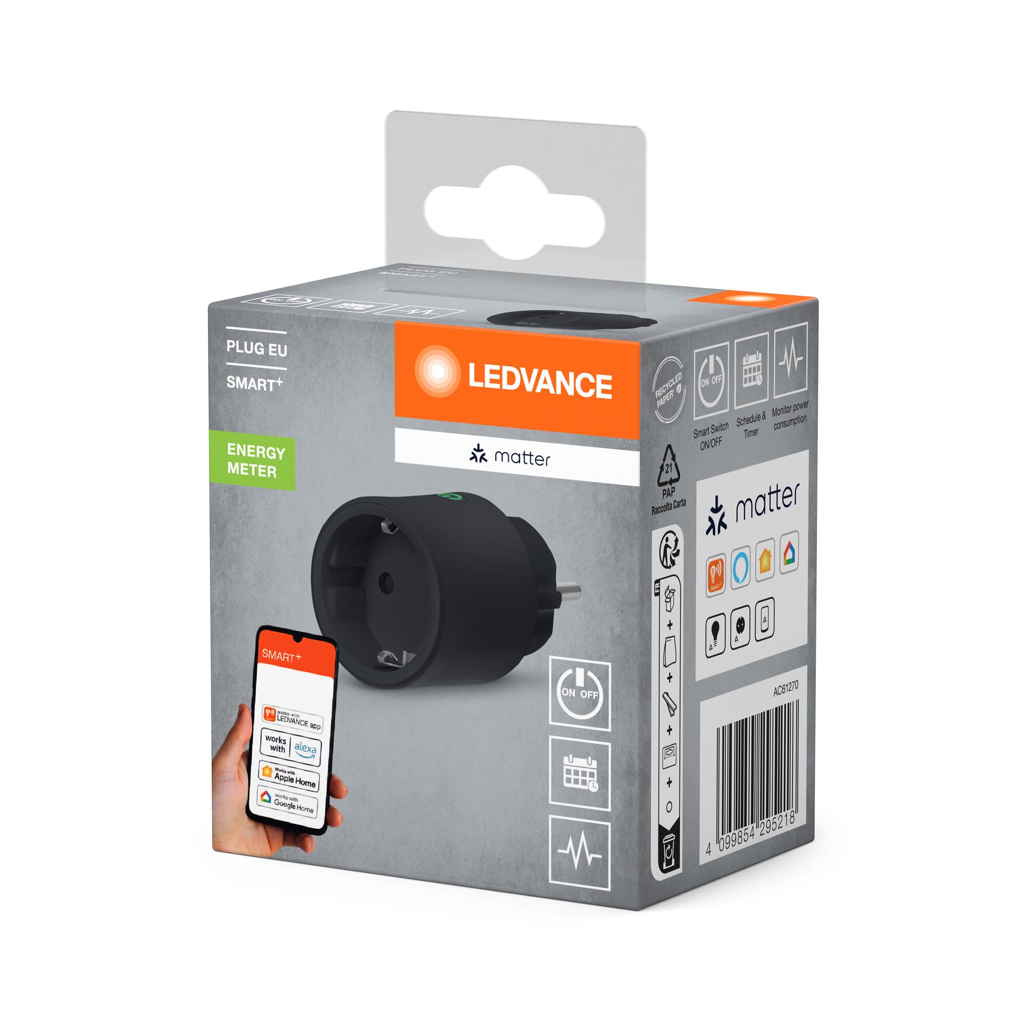 LEDVANCE SMART+ Indoor Plug, Prise intelligente avec Matter over WiFi, pour l'intégration d'appareils conventionnels dans la maison intelligente, compatible avec Alexa, Google& Apple, noir, pack de 4
