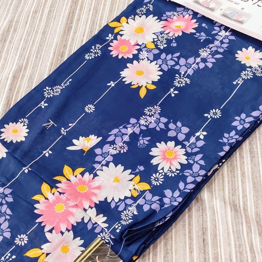 新品　未使用　浜松 ハート型花柄 浴衣　寸法写真表示 Amazon.co.jp: 浜松織物 卸商協同組合 浴衣 帯2 点 set 紺地 花