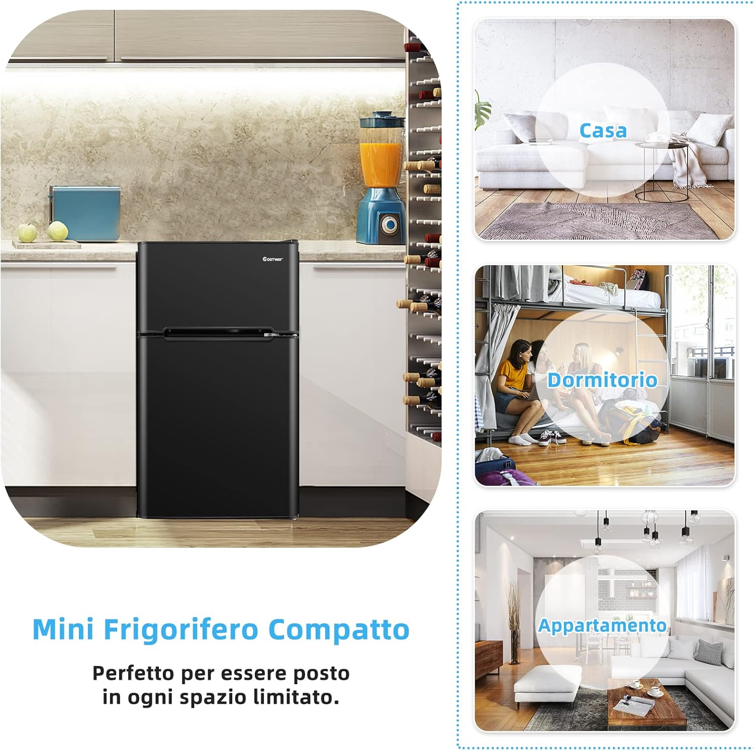 COSTWAY Frigorifero 90 L (27+63), Freezer Separato con 2 Ante e Luce LED, Refrigerazione Rapida, Silenzioso, Mini Frigo per Ufficio Casa Bar Hotel, 220-240 V/50 Hz (Nero) COSTWAY Frigorifero 90 L (27+63), Freezer Separato con 2 Ante e Luce LED, Refrigerazione Rapida, Silenzioso, Mini Frigo per Ufficio Casa Bar Hotel, 220-240 V/50 Hz (Nero)