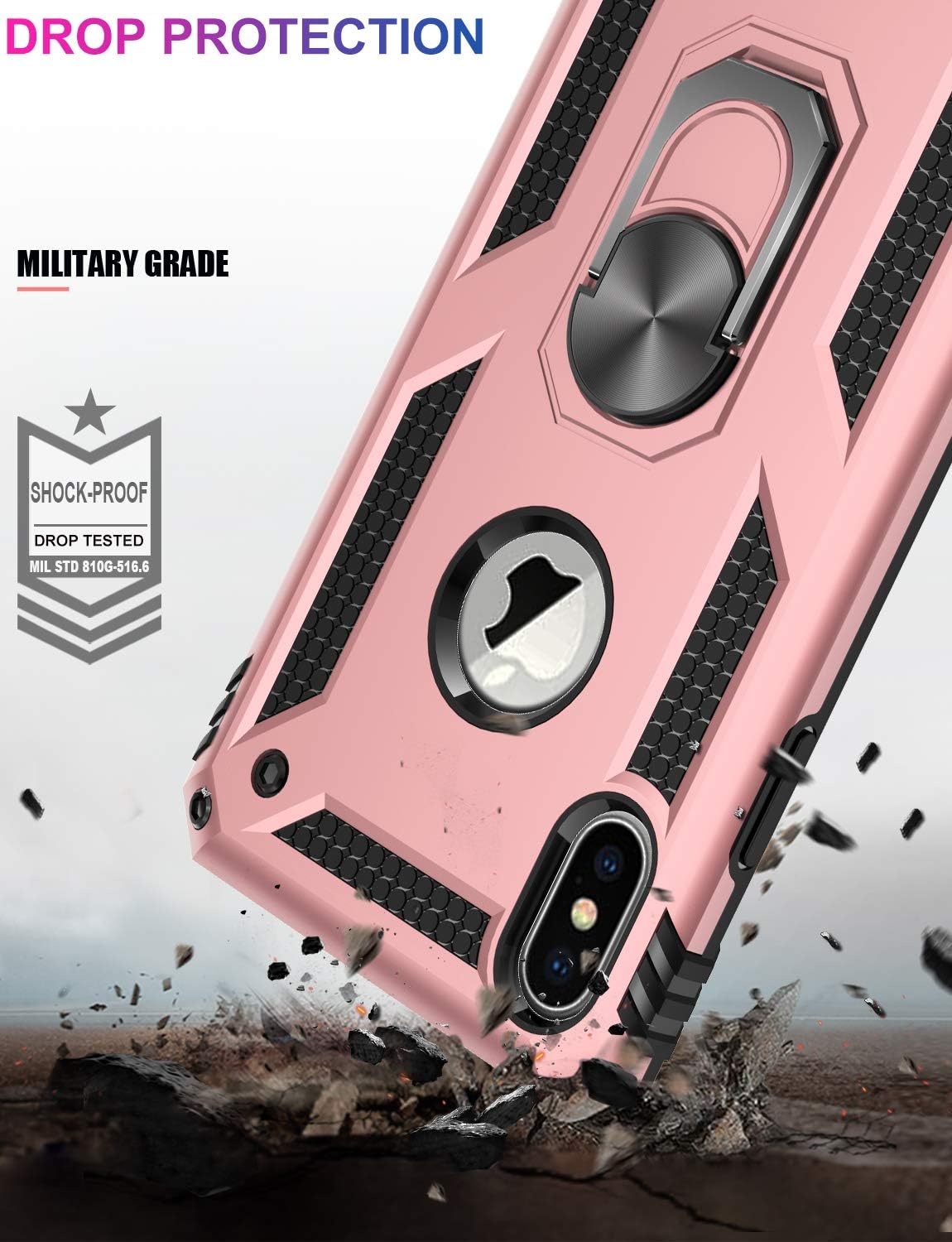 LUMARKE iPhone X Case,iPhone Xs Case,15ft Drop Tested, Military Grade Shockproof Dual Layer Plastic TPU Cover with Metal Kickstand Protective Phone Case for iPhone X/iPhone Xs Brass