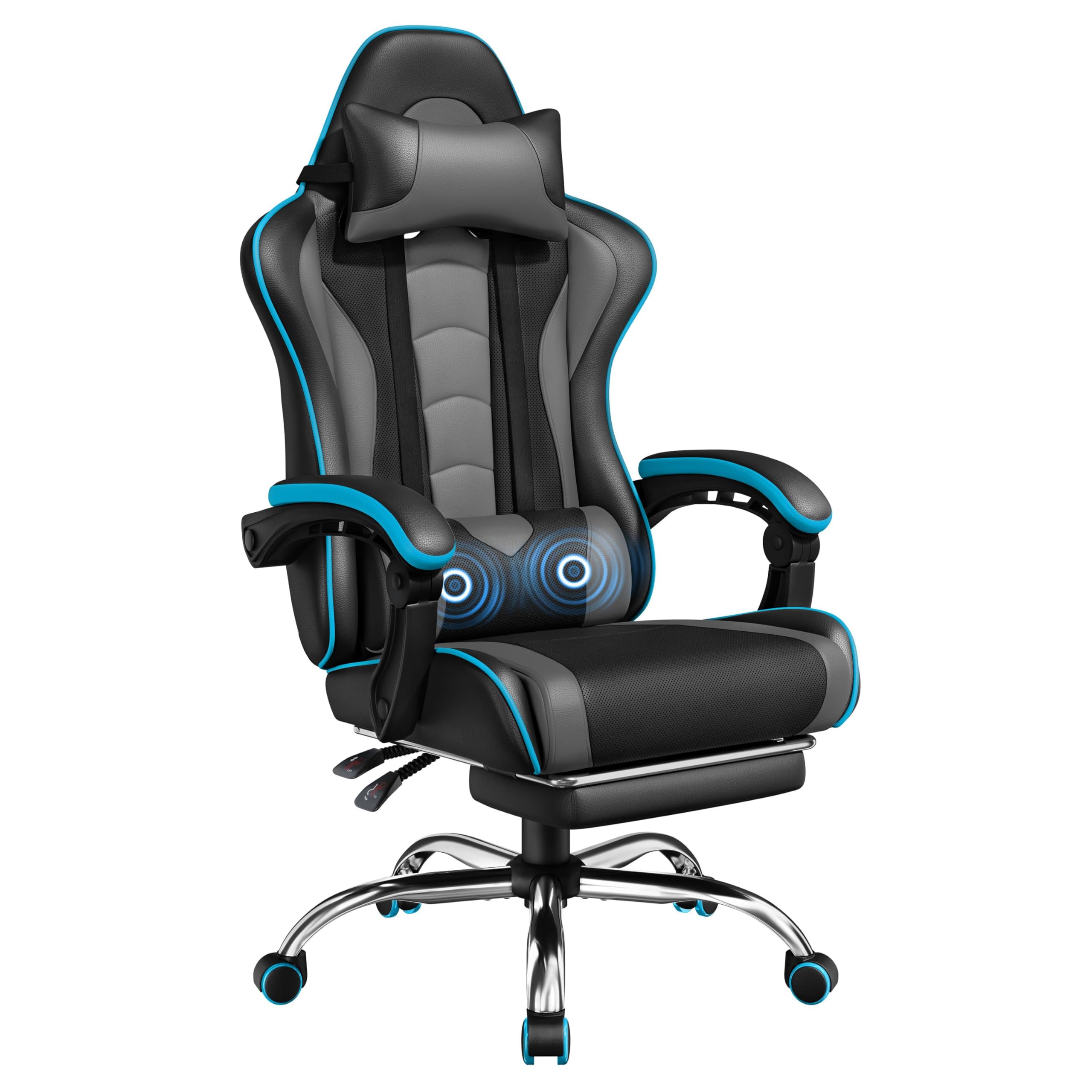 Yaheetech Gaming Chair, Video Game Chair with Massage Lumbar Support and Footrest Height Adjustable Ergonomic Computer Chair with Swivel Seat and Headrest, Black/Gray