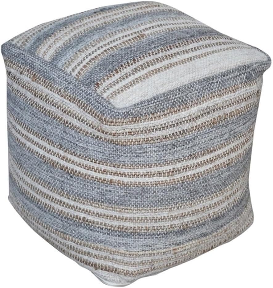 BOWERY HILL Contemporary Handwoven Pouf, 18 in x 18 in x 18 in, Wool/Hemp/Cotton Blend, Light Gray/Cream/Natural Finish, Versatile Ottoman, Seating or Accent Table for Living Room or Lounge Space