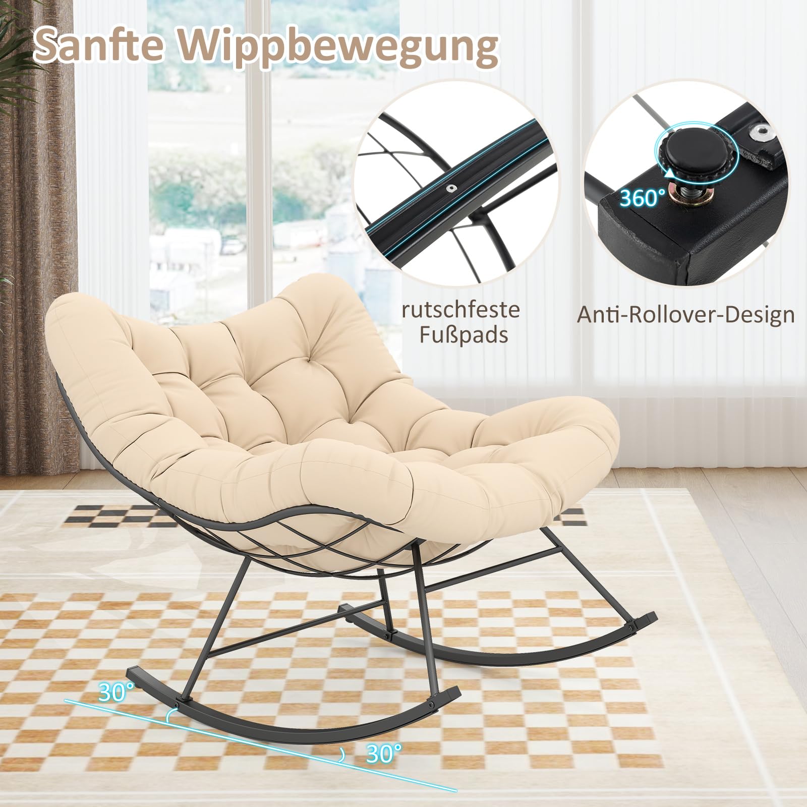 RELAX4LIFE Mecedora, sillón balancín con cojín acolchado y marco de metal, silla de relax soporta hasta 205 kg, silla mecedora extragrande para jardín, dormitorio, salón, 110 x 95 x 94 cm (beige)
