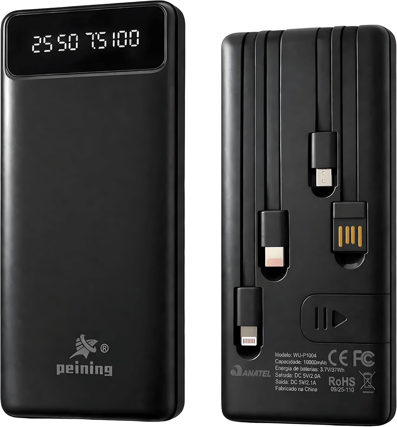 Power Bank Carregador Portátil Universal Turbo 10000mAh USB-A 20W + USB-C PD20W com 4 Cabos Integrados Universal 4 em 1 Tipo-C, Lightnig, Micro USB, USB, Carregamento Ultra Rápido