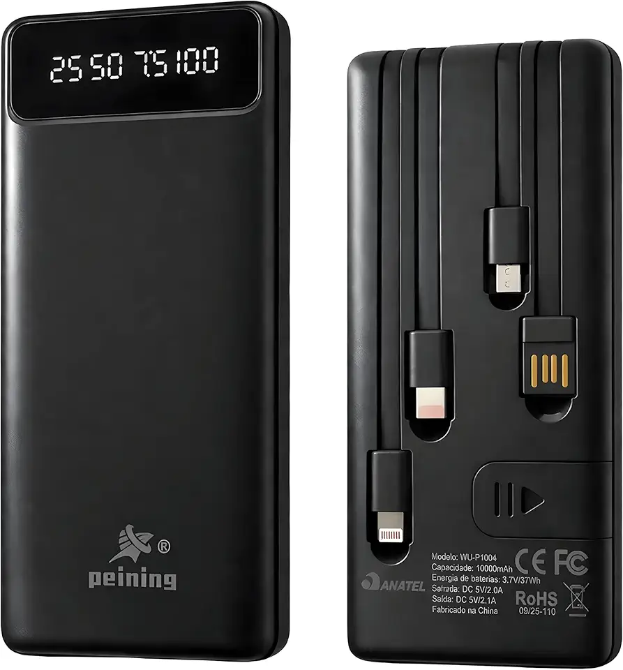 Power Bank Carregador Portátil Universal Turbo 10000mAh USB-A 20W + USB-C PD20W com 4 Cabos Integrados Universal 4 em 1 Tipo-C, Lightnig, Micro USB, USB, Carregamento Ultra Rápido