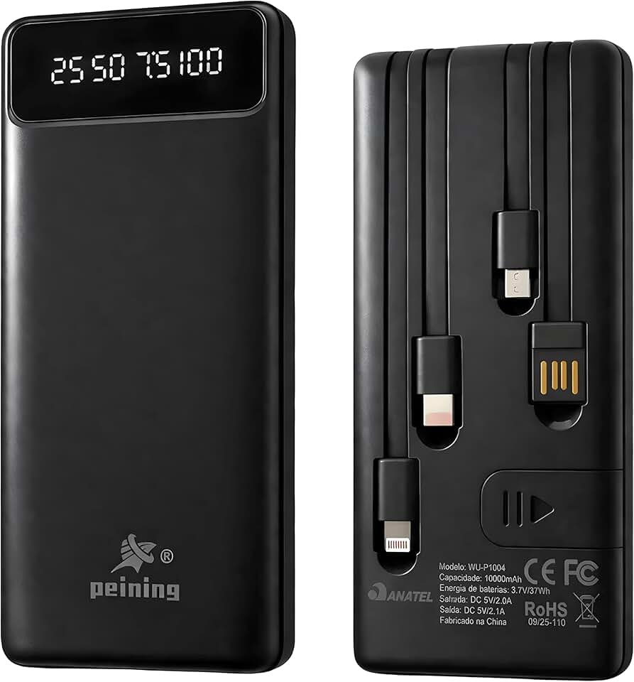 Power Bank Carregador Portátil Universal Turbo 10000mAh USB-A 20W + USB-C PD20W com 4 Cabos Integrados Universal 4 em 1 Tipo-C, Lightnig, Micro USB, USB, Carregamento Ultra Rápido