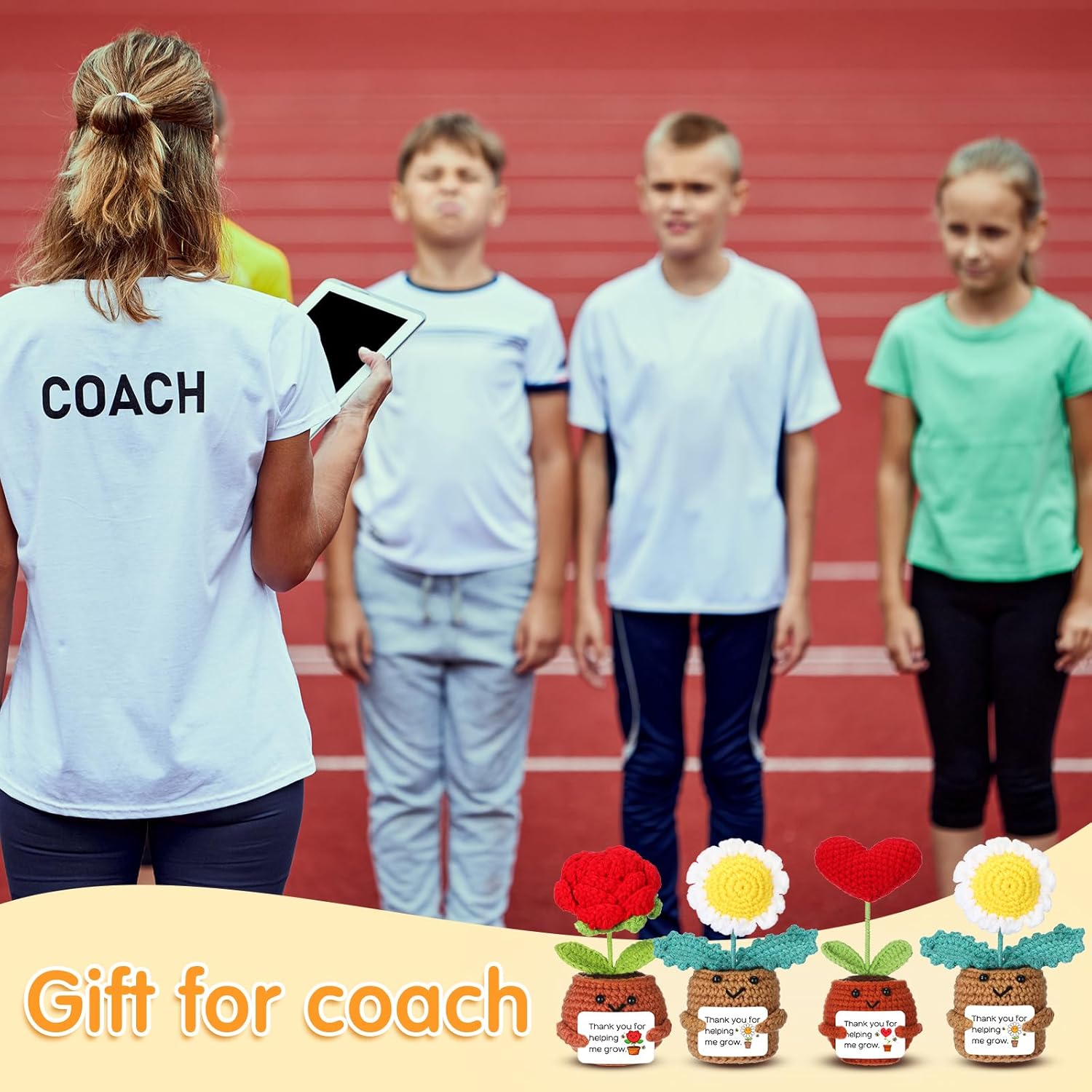 Leinuosen 4 Pcs Teacher Thank You for Helping Me Grow Gifts Positive Knit Pot Crochet Sunflower Thank You Handmade Gift with Ribbon Bag for Teacher Leader Mother Father Boss Manager(Cute)