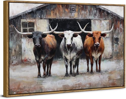 Highland Cow Framed Wall Art Vintage Country Farm Animals Picture for Living Roo