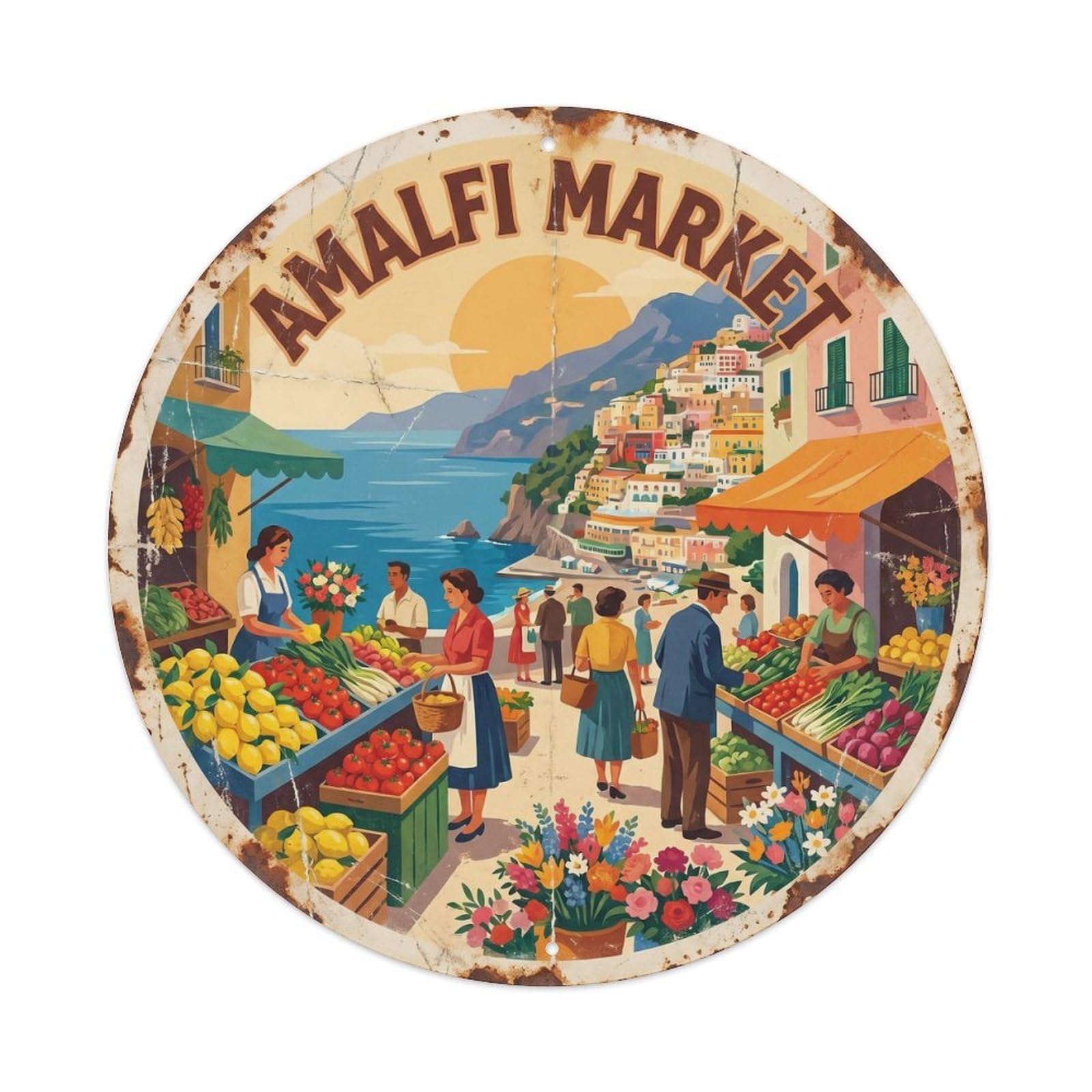 Vintage Travel Amalfi Coastal Market Village Metal Tin Sign Plaque Wall Decor for Cafe, Club, Garden Round Metal Poster 8x8Inch