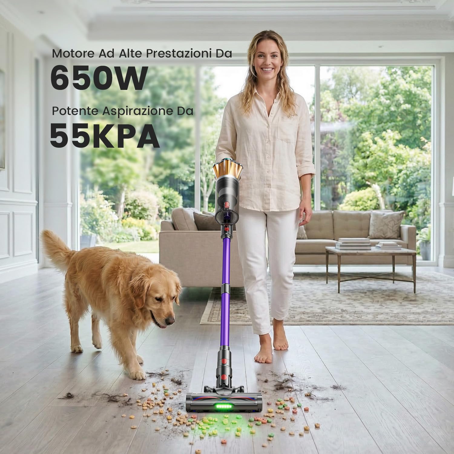 Aspirapolvere Senza Fili 650W/55KPa/70min, Scopa Elettrica Senza Fili Anti-Groviglio Touch Screen LED, 1.8L/8 Stadi Filtrati, Autoportante E Ricarica A Parete, Adatto Per Animali / Pavimenti / Auto