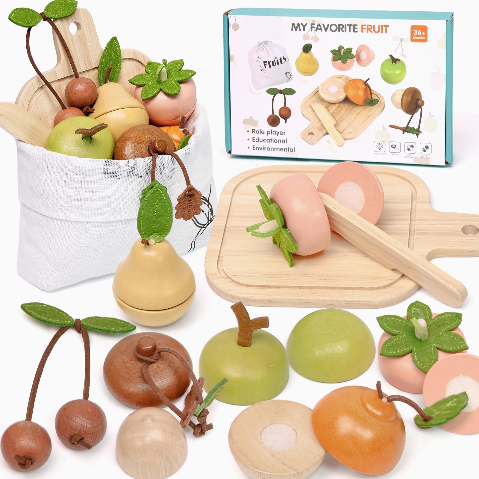 Masonbaby Wooden Fruits Cutting Toys, play food sets for children kitchen with Storage Bag, pretend play kitchen accessories, Educational Learning Gift for Boys Girls