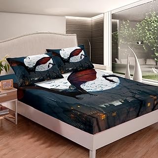 Feelyou Halloween Fitted Sheet Horror Dark Bats Bed Sheet Set for Boys Girls Trick or Treat Decor Bedding Set Scary Moon Castles Bed Cover Bedroom 2Pcs Twin Size