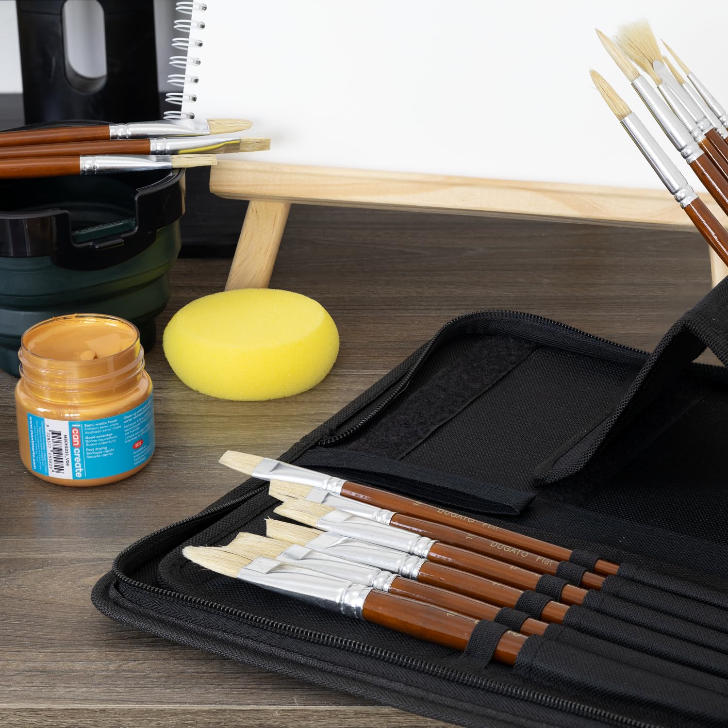 DUGATO - Juego de 15 Pinceles de Pintura al óleo Natural con cerdas de Pelo de Cerdo Blanco Natural, Incluye una Funda de Transporte para Pintura al óleo acrílica, Acuarela y Gouache