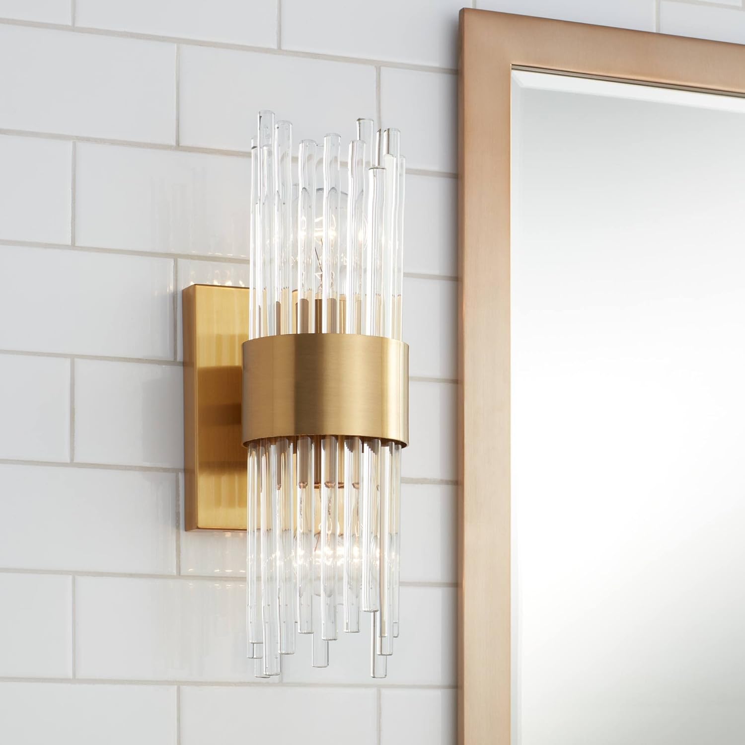 Elegant 27" Brass & Gold Wall Sconce with Clear Glass Rods